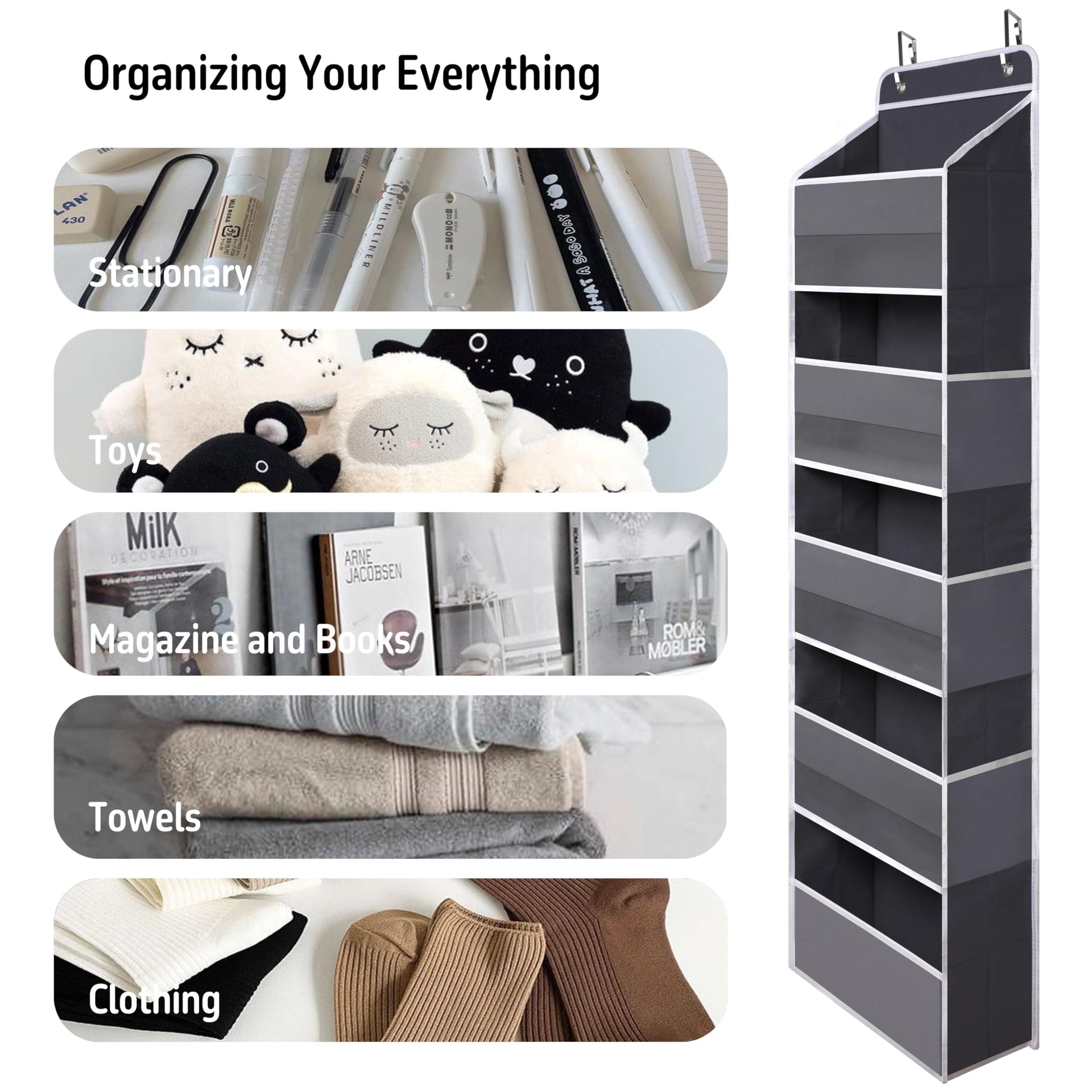 Gray Over Door Organizer with 5 Large Clear Pockets and 6 Side Mesh Pockets