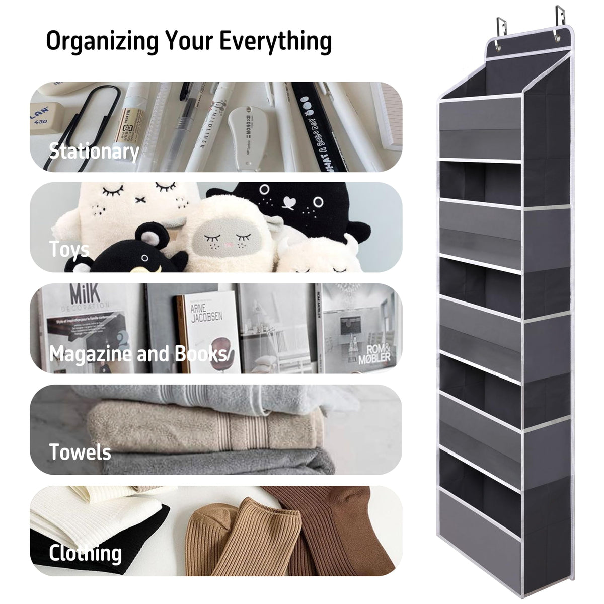 Gray Over Door Organizer with 5 Large Clear Pockets and 6 Side Mesh Pockets