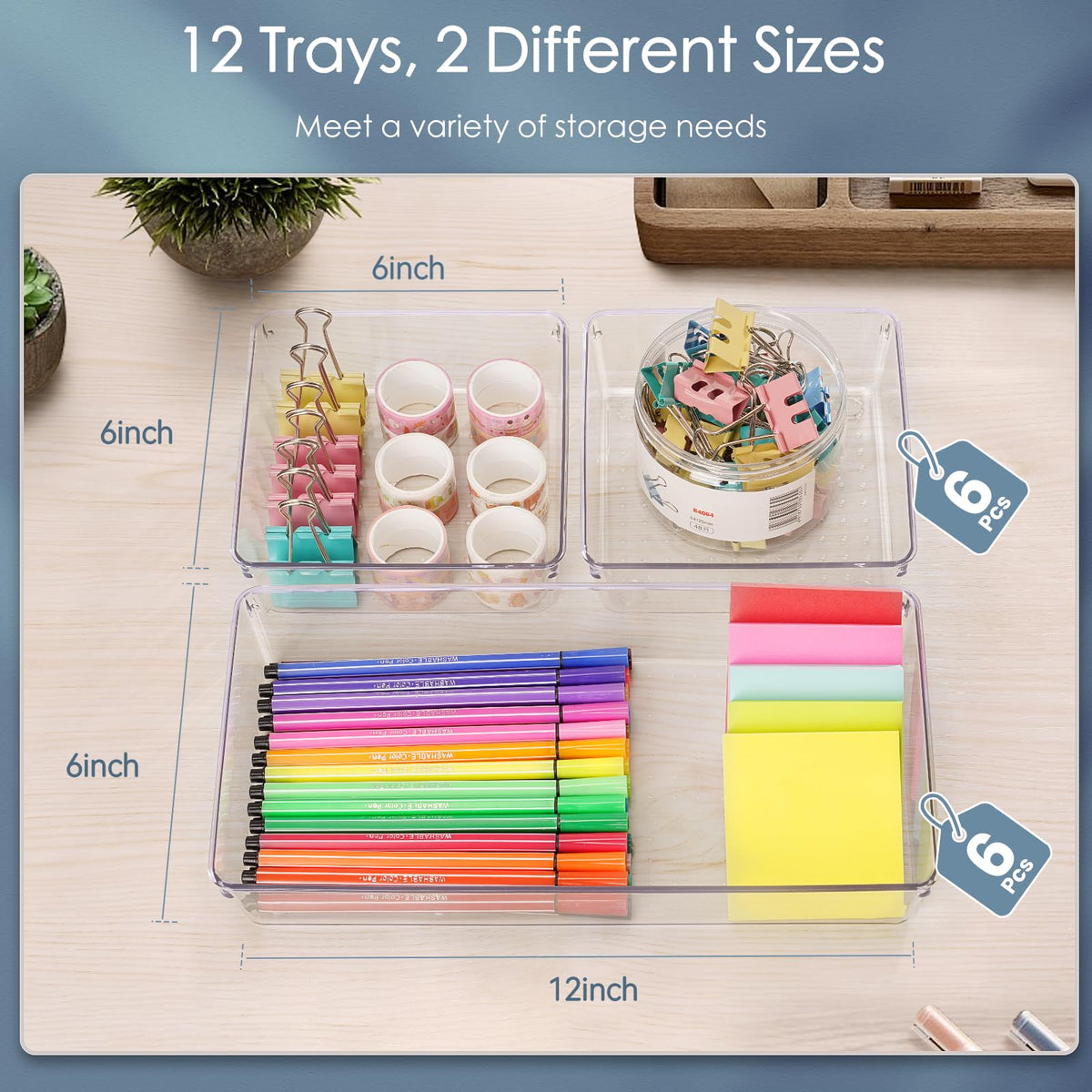 12 Pack Large Clear Plastic Drawer Organizer Set (12 Count)