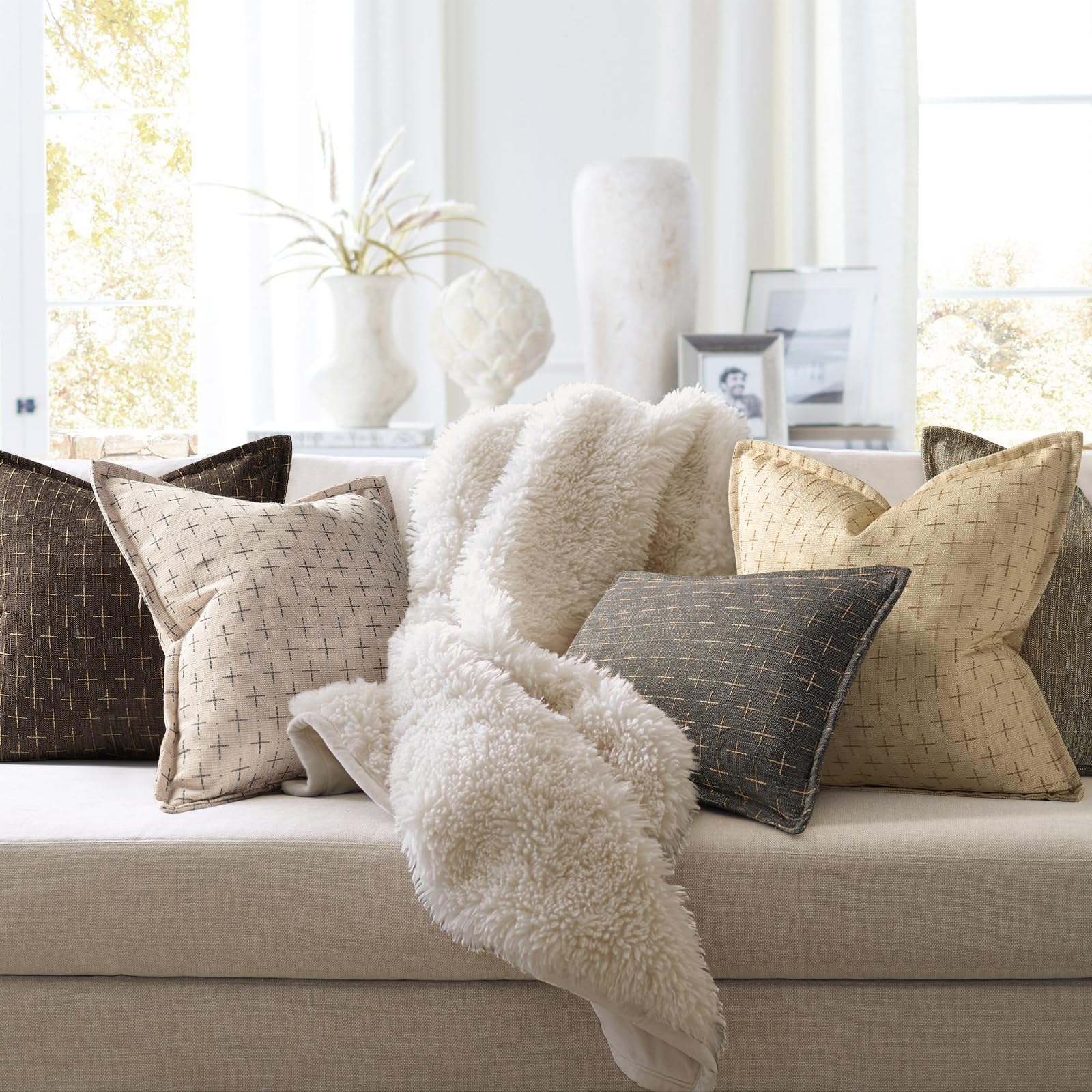 Pillow Covers 24x24 Set of 2 Soft Polyester Textured Pillow Covers with Stylish Flange Edge Cozy Farmhouse Throw Pillows for Couch Bed Sofa Living Room (2 Count)