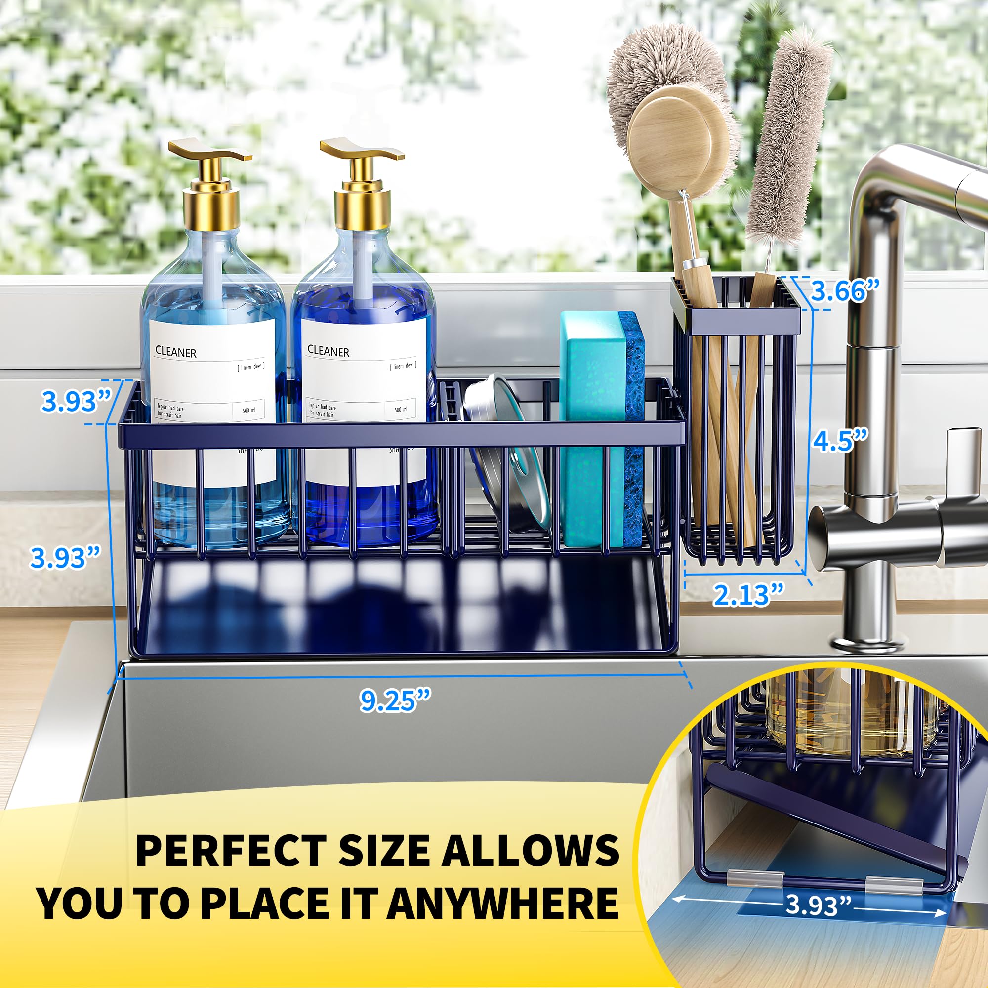 Navy Blue Sink Caddy Organzier with High Brush Holder