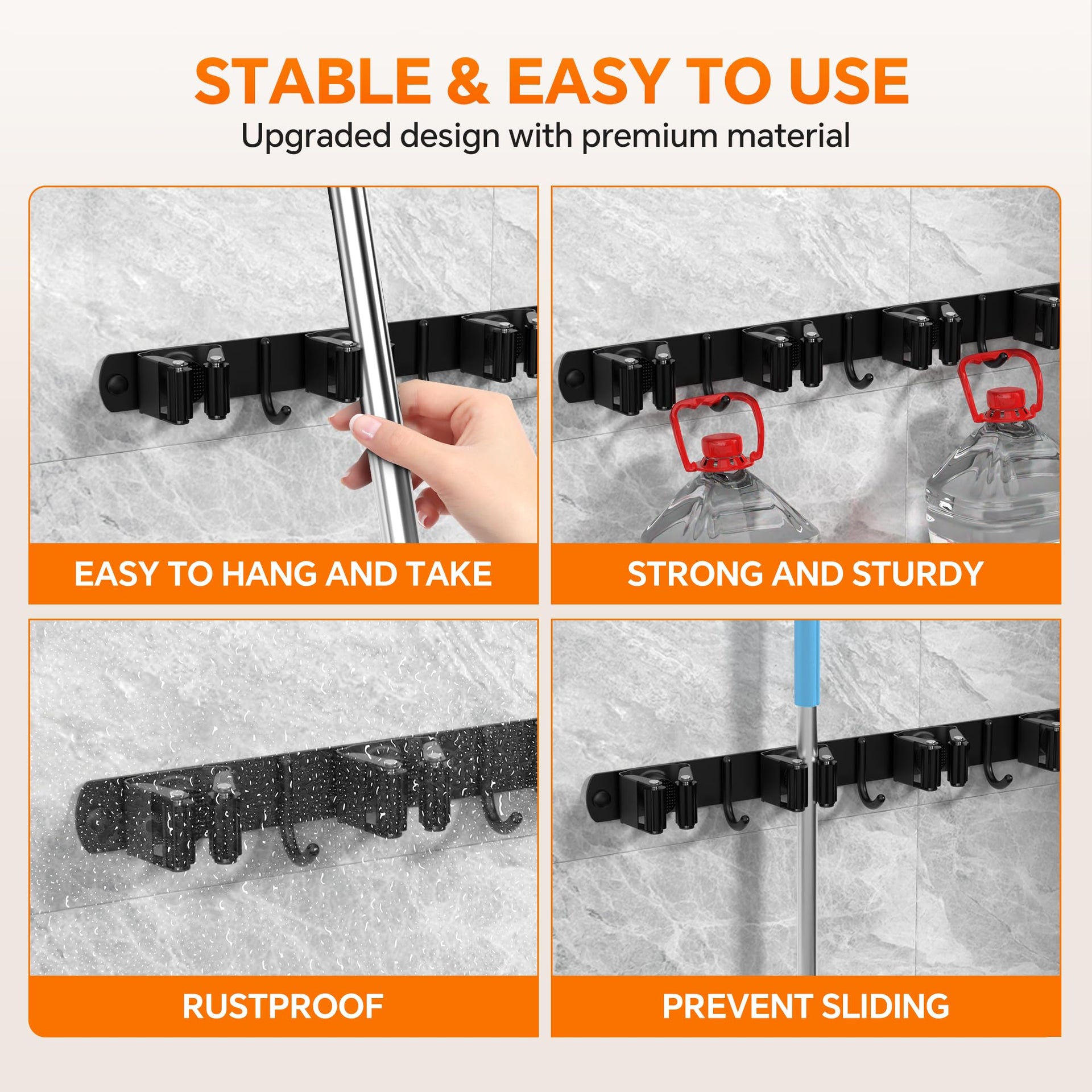 5 Grippers Broom Holder Wall Mount with 4 Hooks Stainless Steel