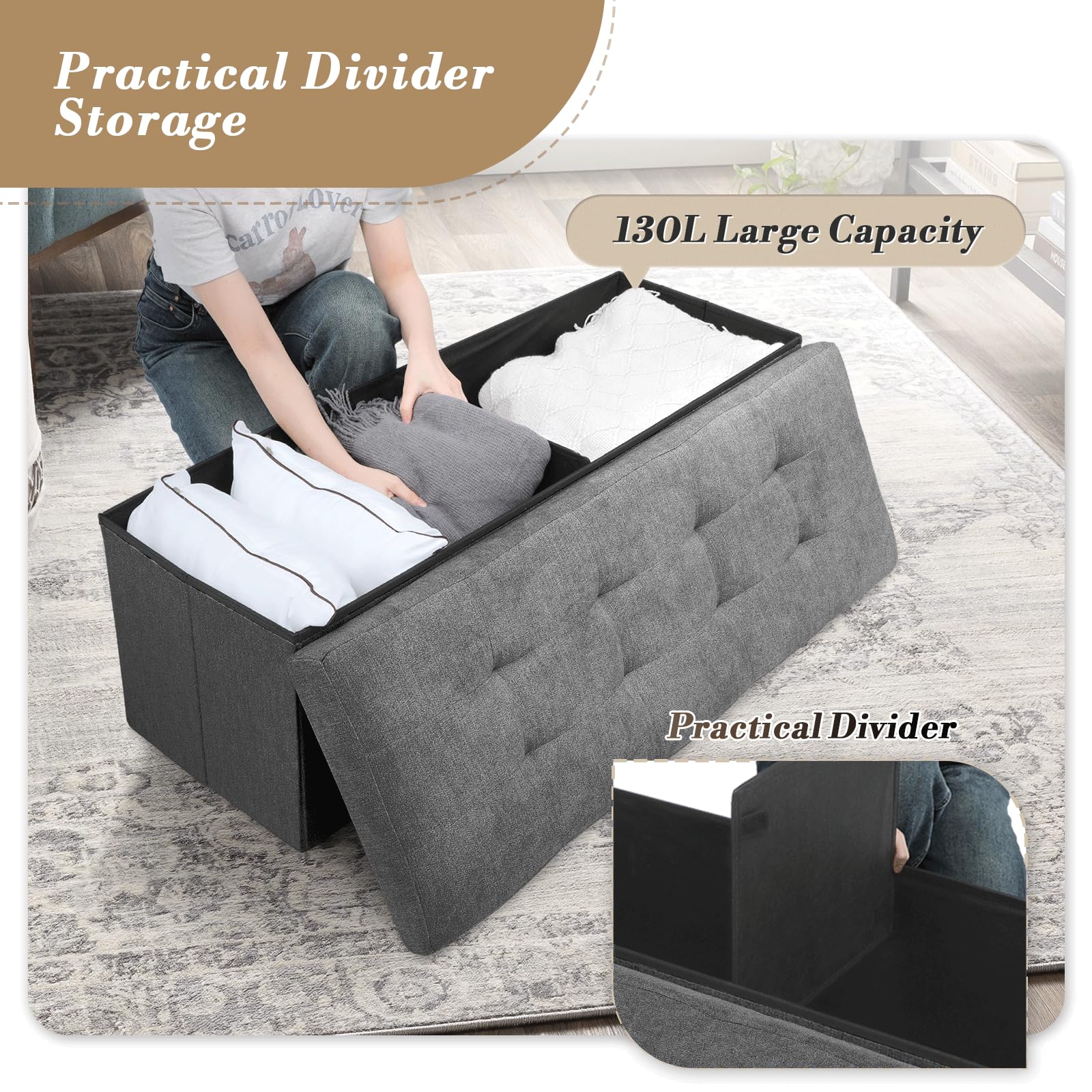 43" Storage Ottoman Bench Folding Bench with 130L Hidden Storage