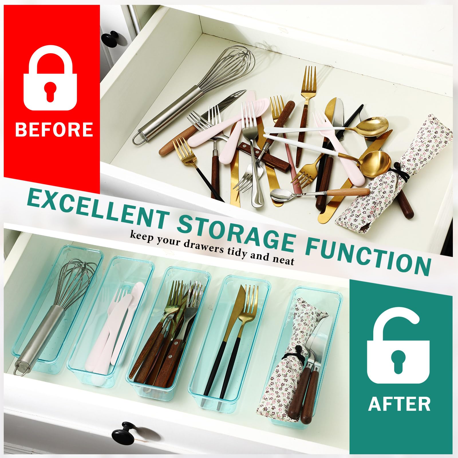 12 Pcs Clear Drawer Organizer 9 x 3 x 2 Inches Plastic Rectangle Trays Makeup Vanity Storage Bins and Kitchen Drawers Dividers for Office Desk Silverware Kitchen Utensils (12 Count)