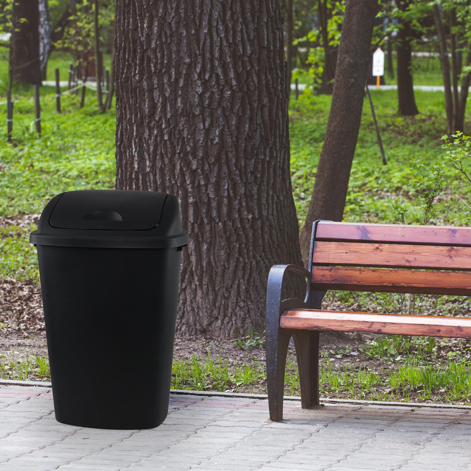 13 Gallon 4 Packs Black Plastic Trash Can with Swing Top Lid (4 Count)