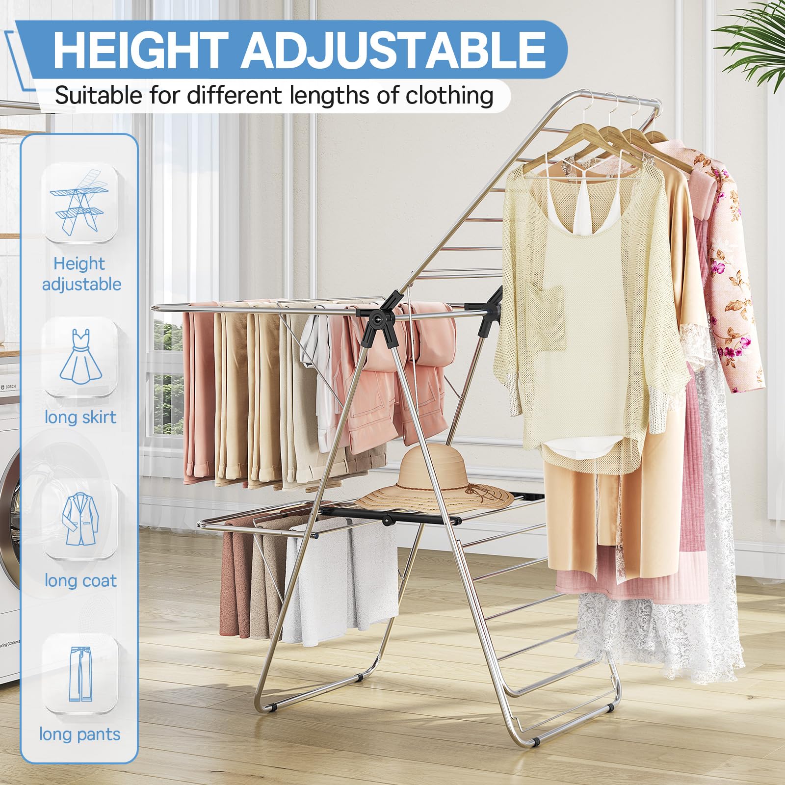 Large Stainless Steel Clothes Drying Rack with 4 Wings