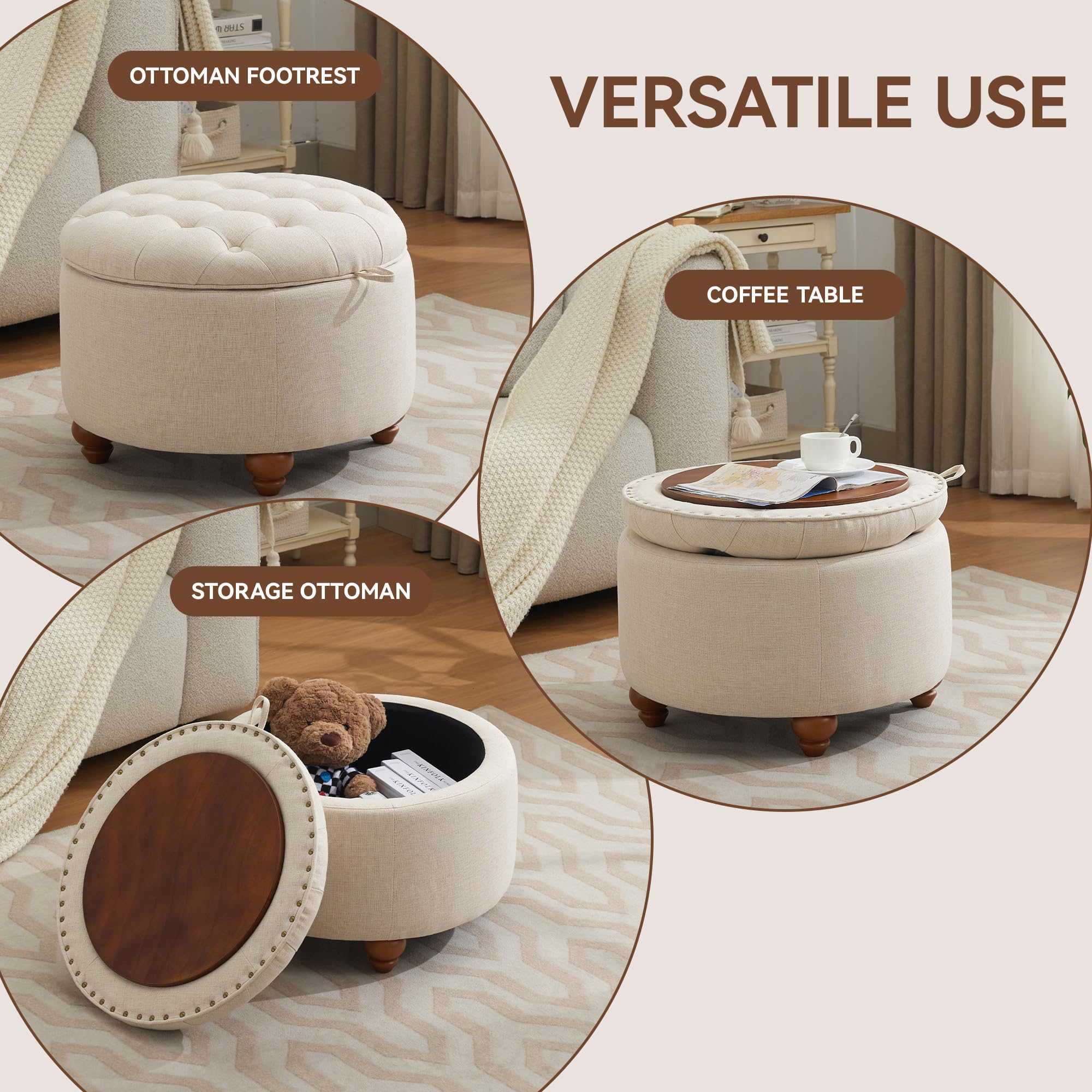 24Inch Round Storage Ottoman with Tray