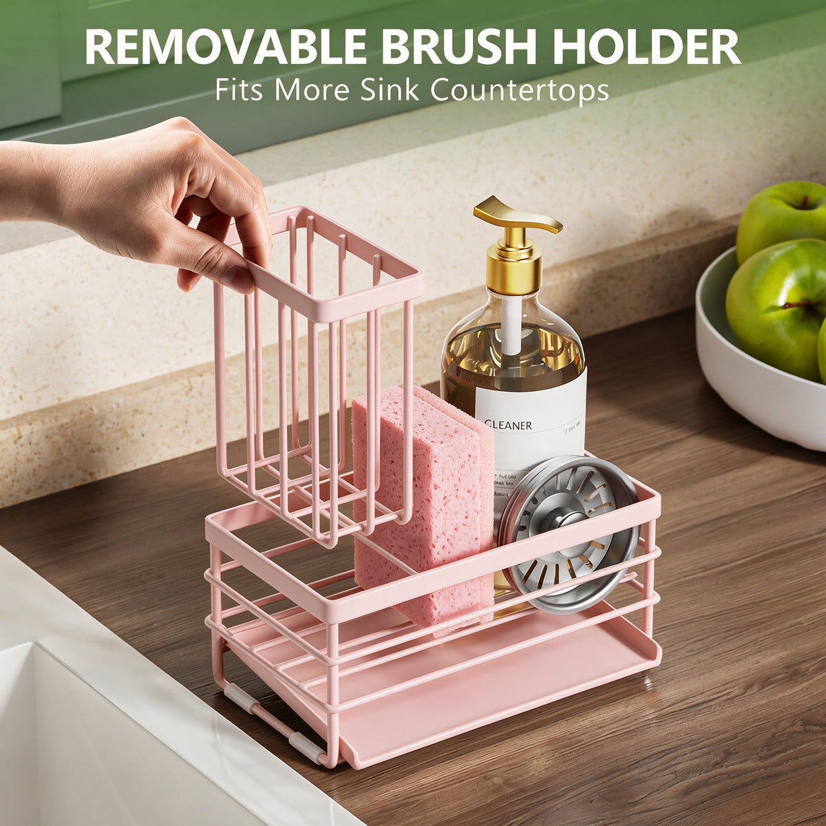 Pink Sink Caddy Sponge Holder for Kitchen with Brush Holder and Stainless Steel Self Drain Tray