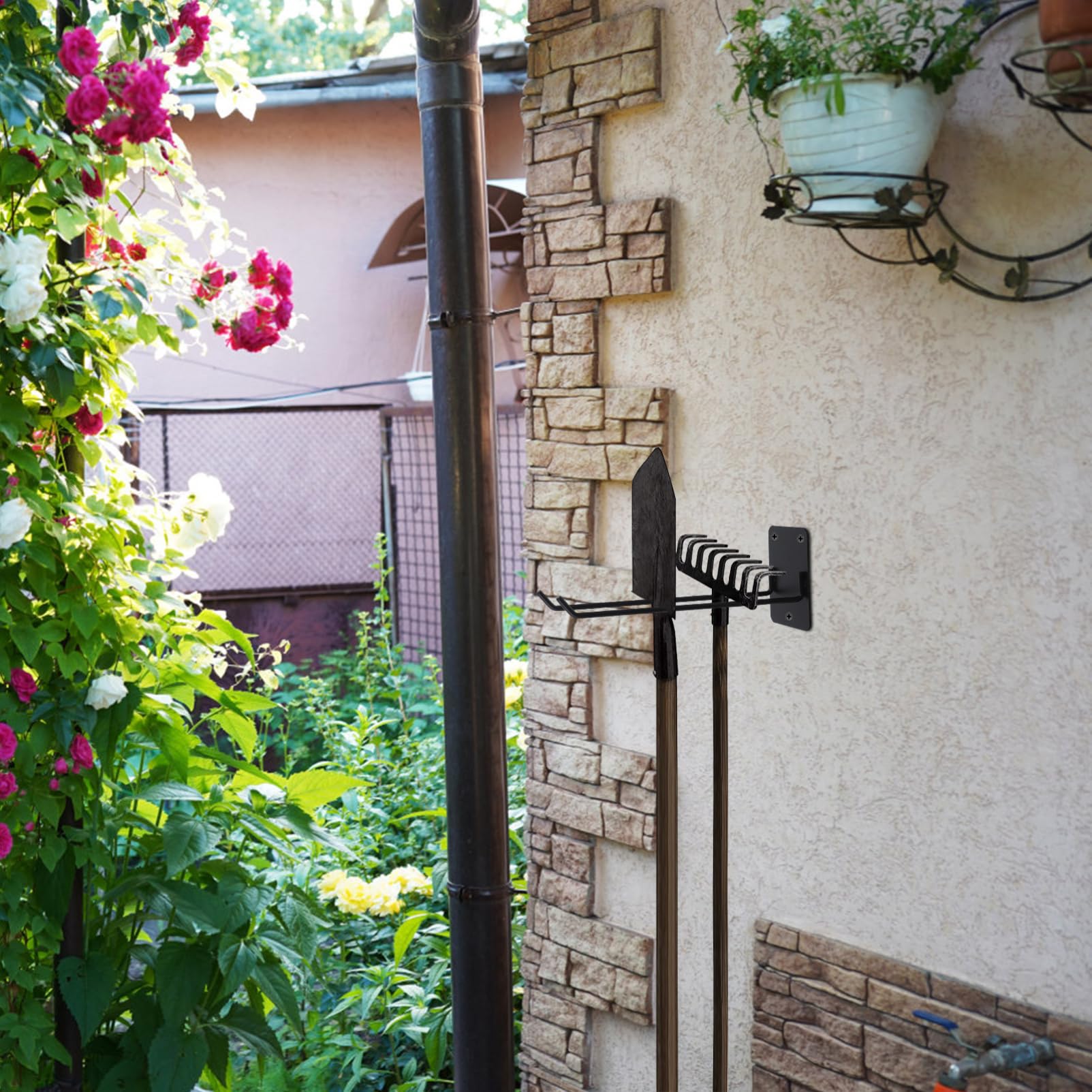 Wall Mounted Broom and Mop Holder Heavy Duty Garden Tool Organizer Rack Hooks for Efficient Storage of Shovels Rakes and Hoses Space