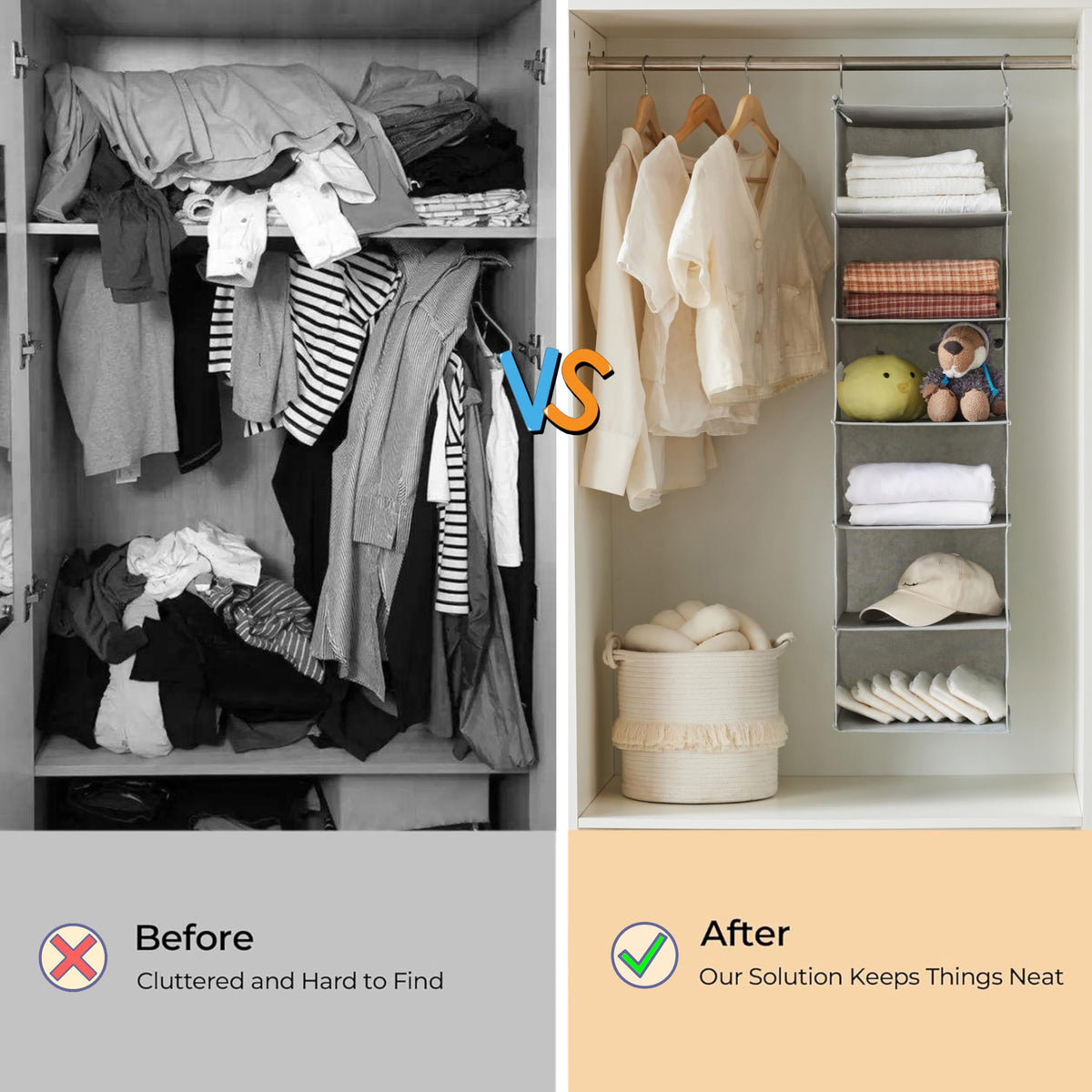 6 Tier Shelf Hanging Closet Organizer with 2 Hooks
