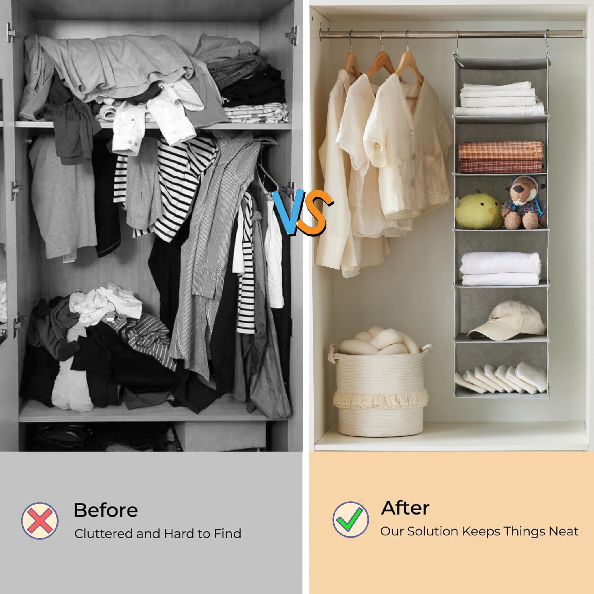 6 Tier Shelf Hanging Closet Organizer with 2 Hooks