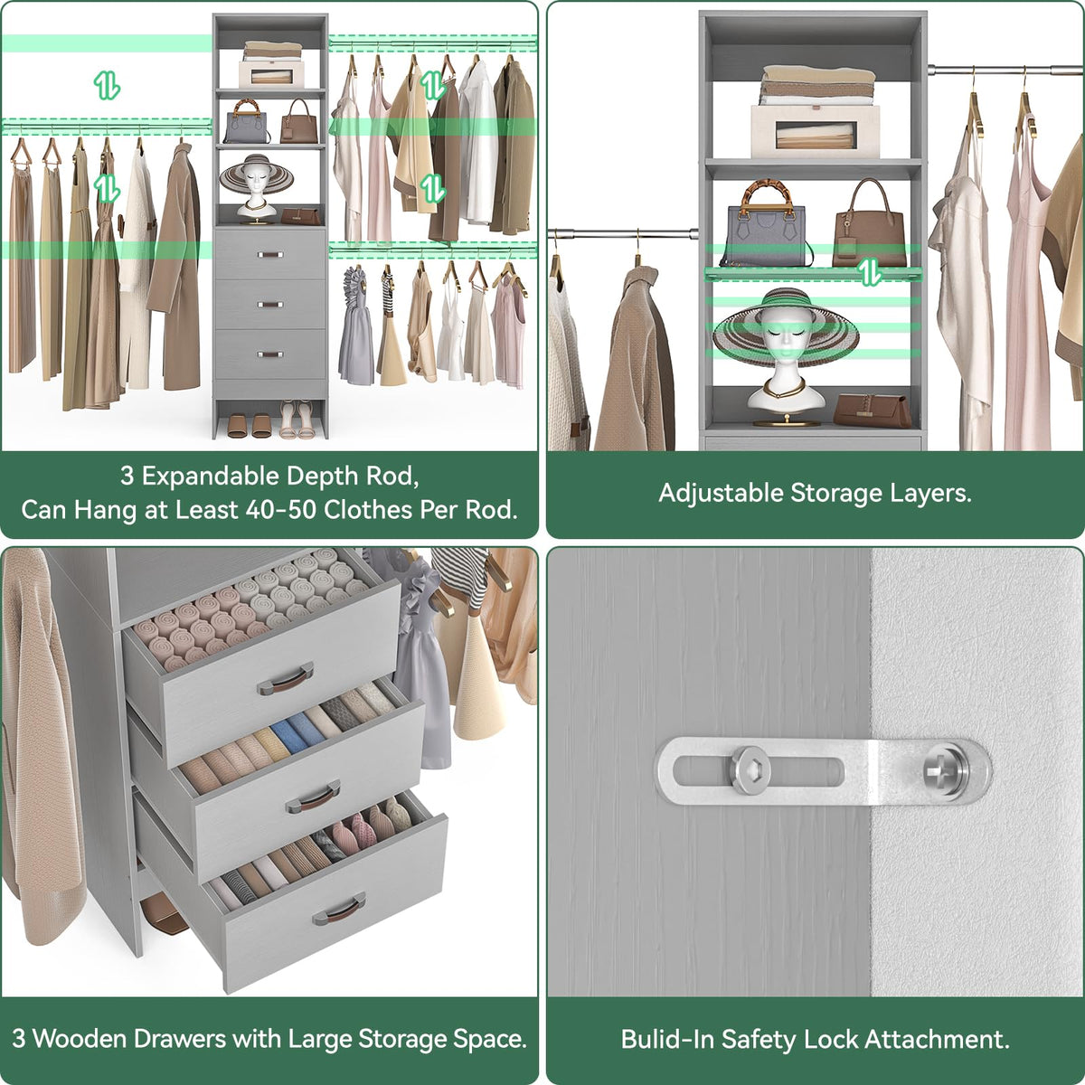 96'' Closet Organizer System with 3 Hanging Rods