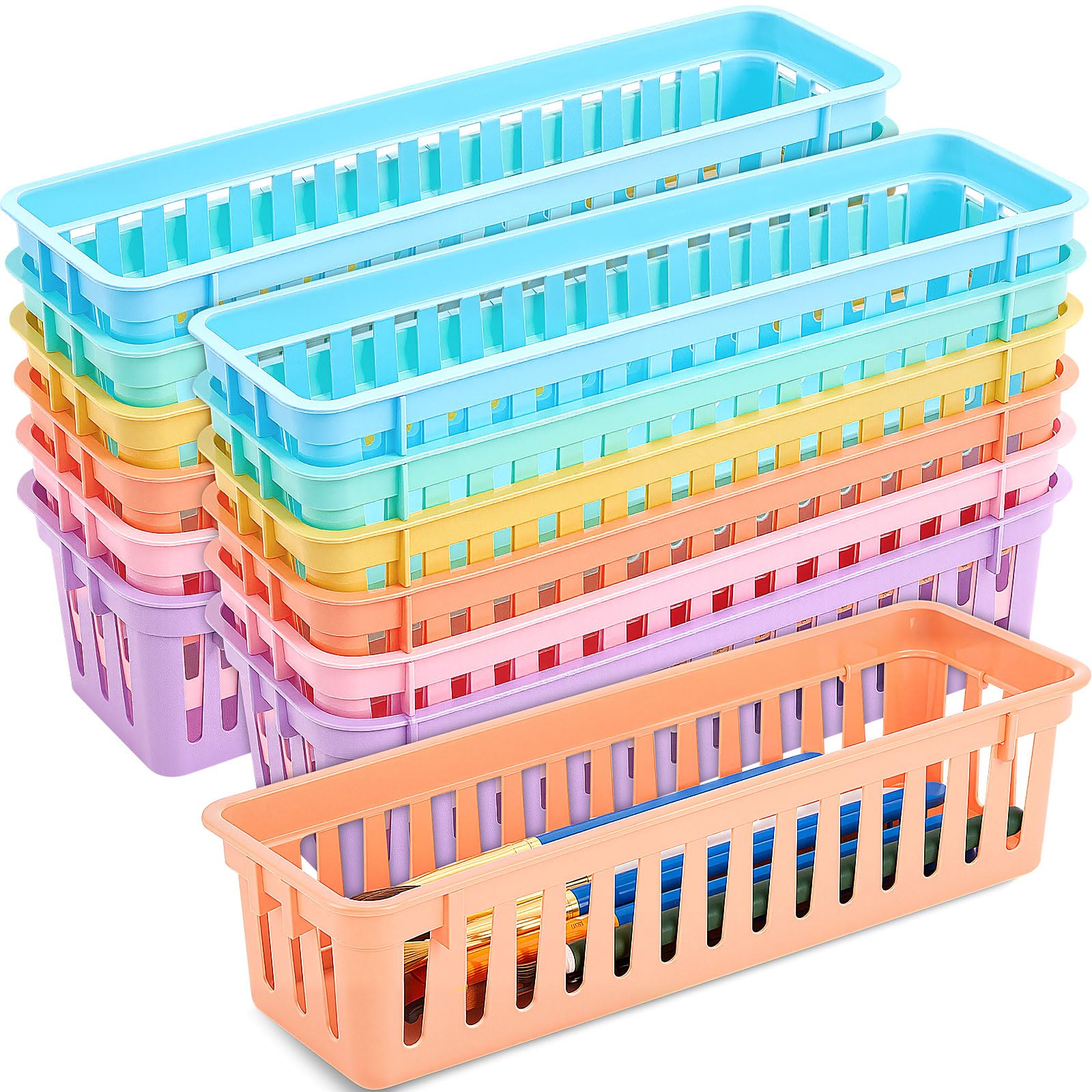 12 Pack Slim Plastic Storage Baskets Tray for Organizing 10.25x3.25x2.5 Inch Small Narrow Storage Bins Stackable Drawer Pencil Trays Holder for Desk Garage Cabinet Container (12 Count)