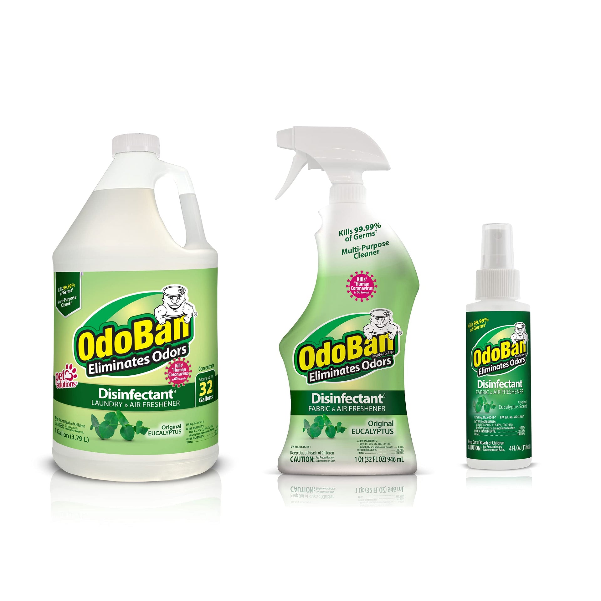 Ready-to-Use Disinfectant and Odor Eliminator, Set of 3, 4 Ounce Travel Spray, 32 Ounce Spray, 1 Gallon Concentrate, Original Eucalyptus Scent (164 Fl Oz)