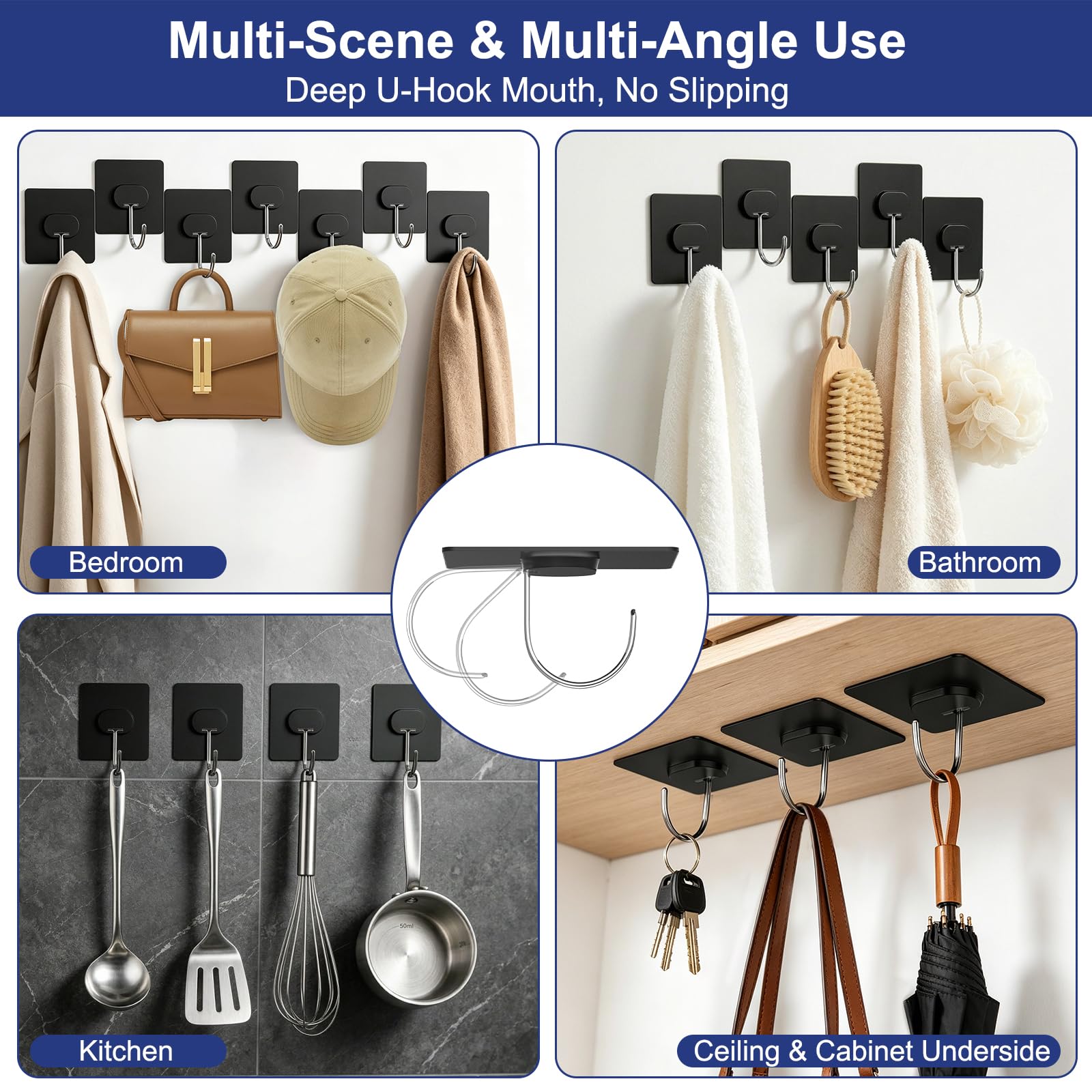 Adhesive Wall Hooks No Drill Large Black Heavy Duty (12 Count)