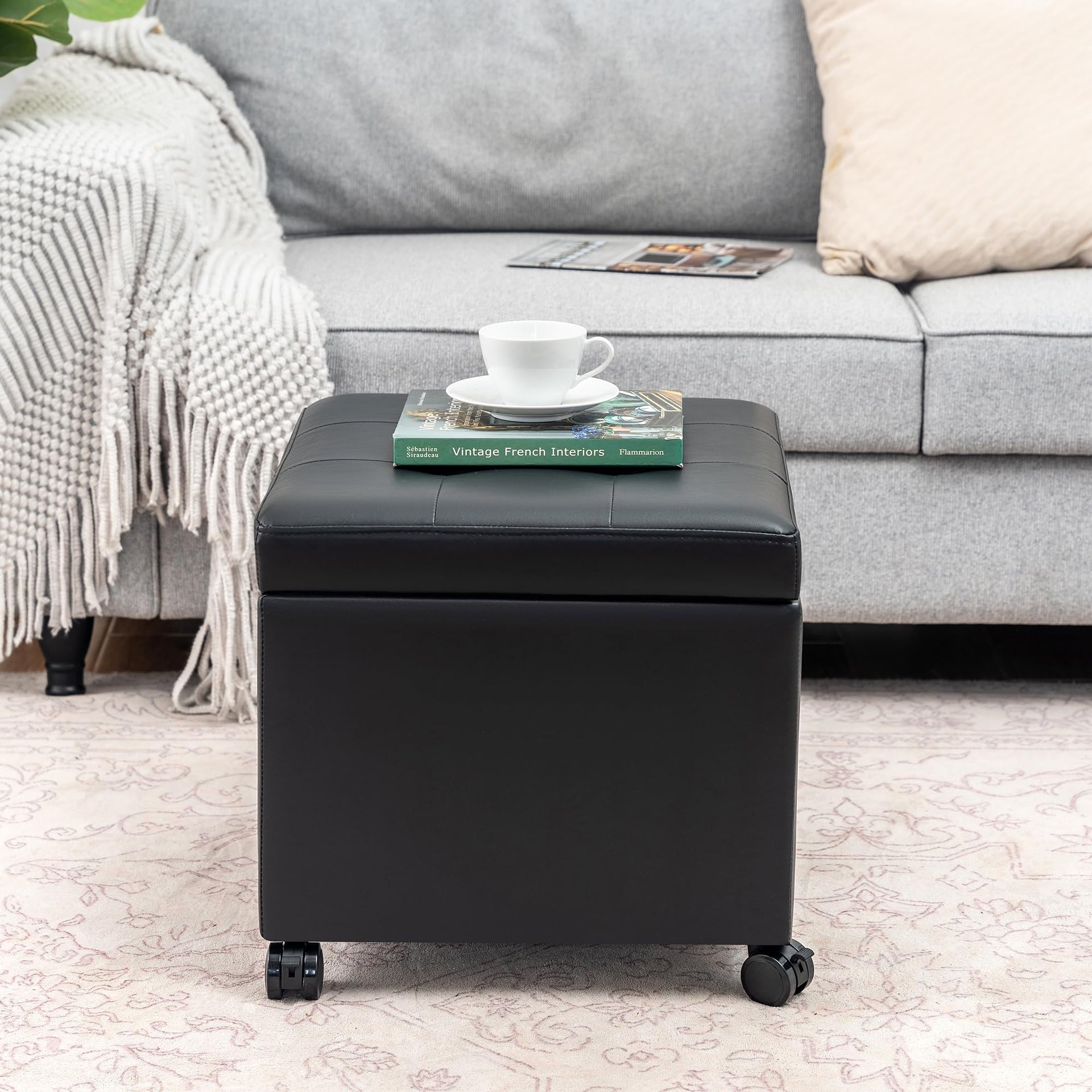 Modern Tufted Faux Leather Storage Ottoman with Wheels