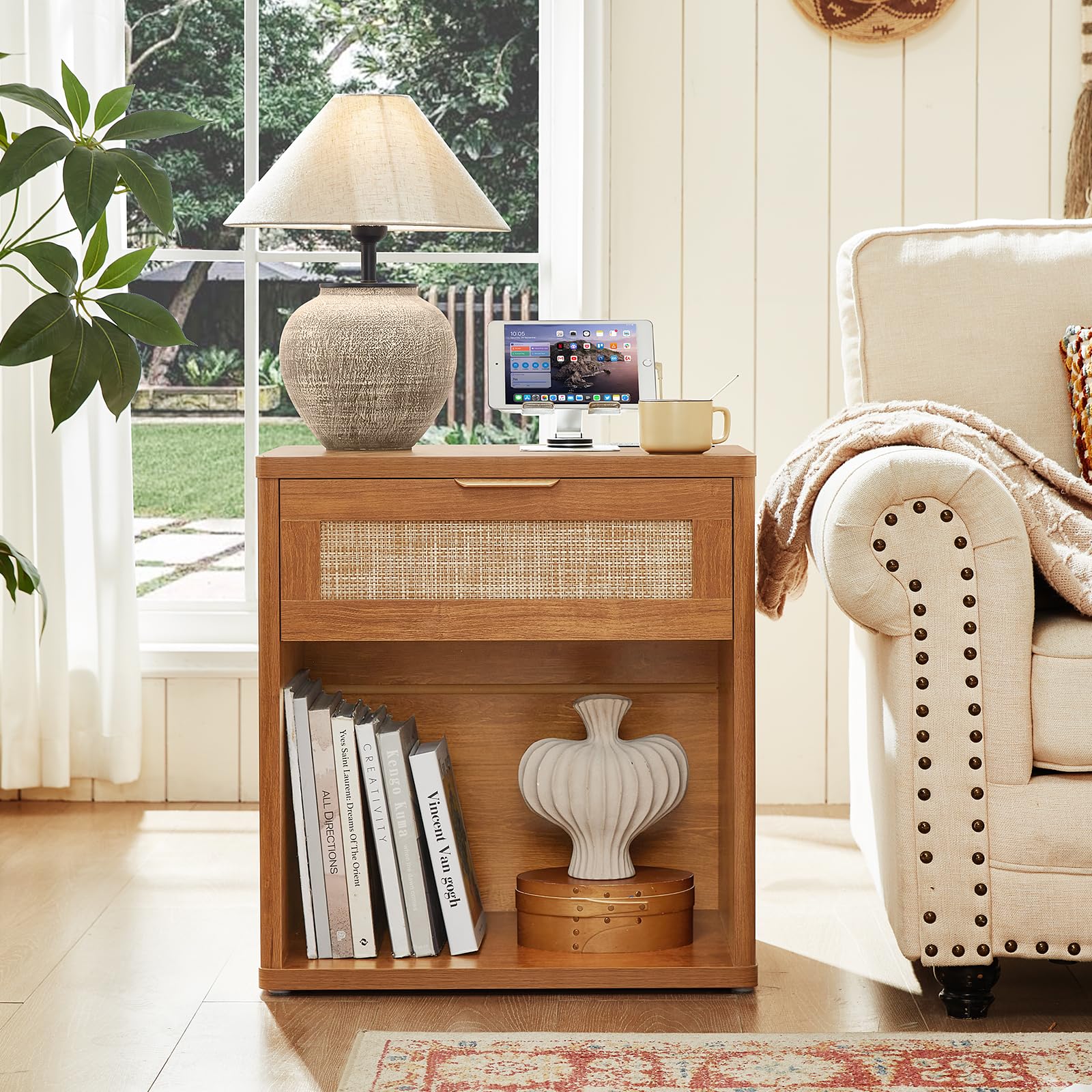 Rattan Nightstand with Charging Station