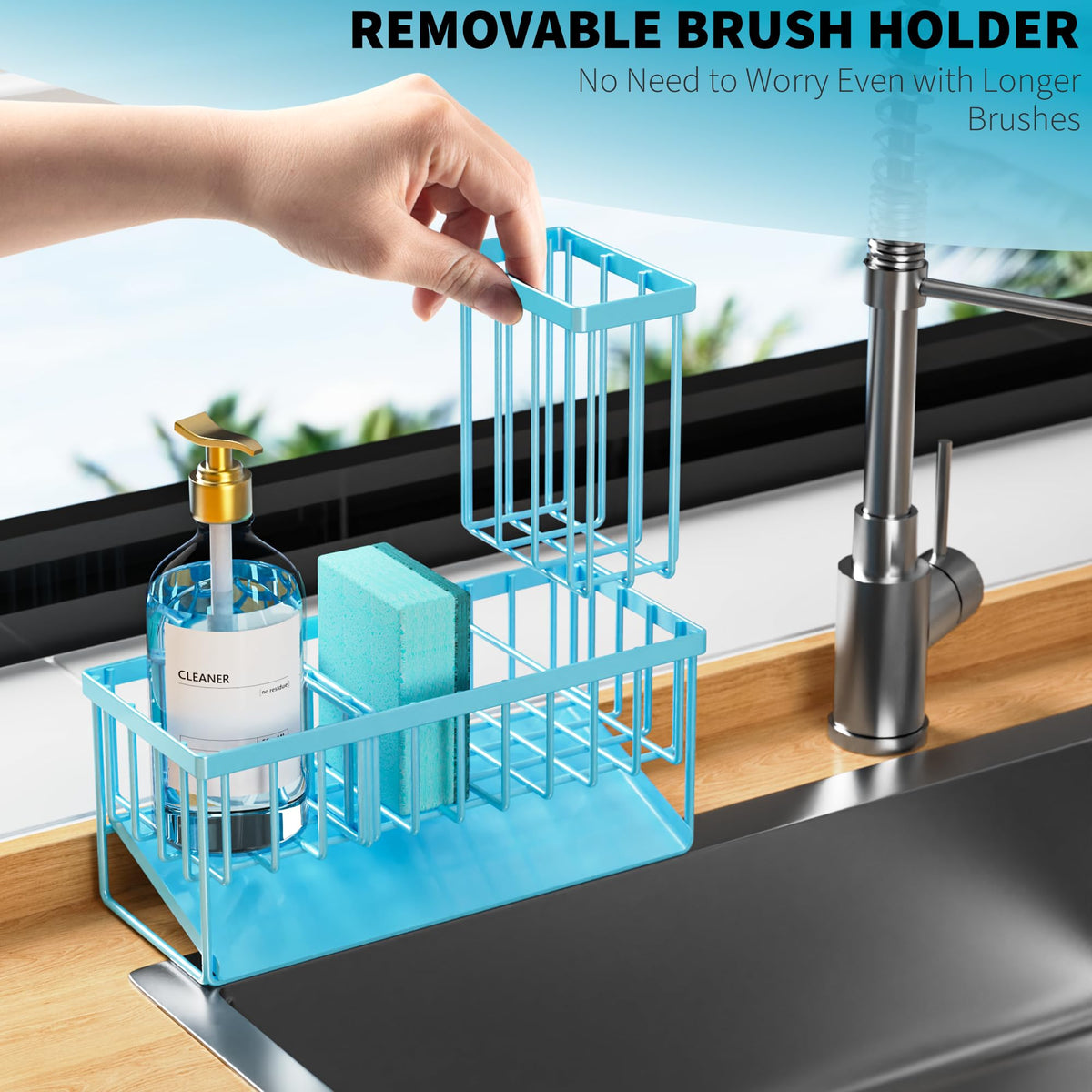 Blue Kitchen Sink Caddy Organzier with High Brush Holder