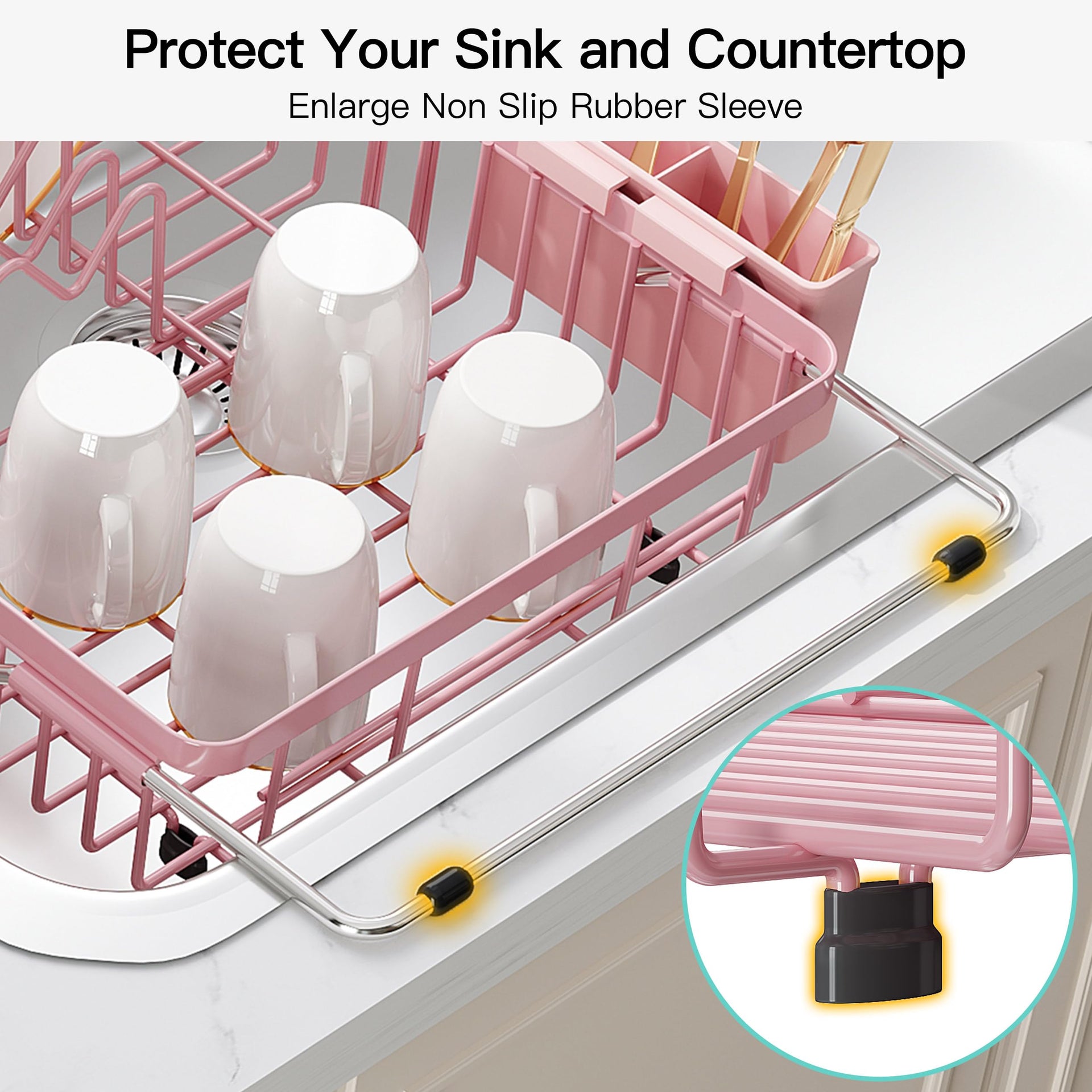 Pink Dish Drying Rack Over the Sink with Utensil Holder