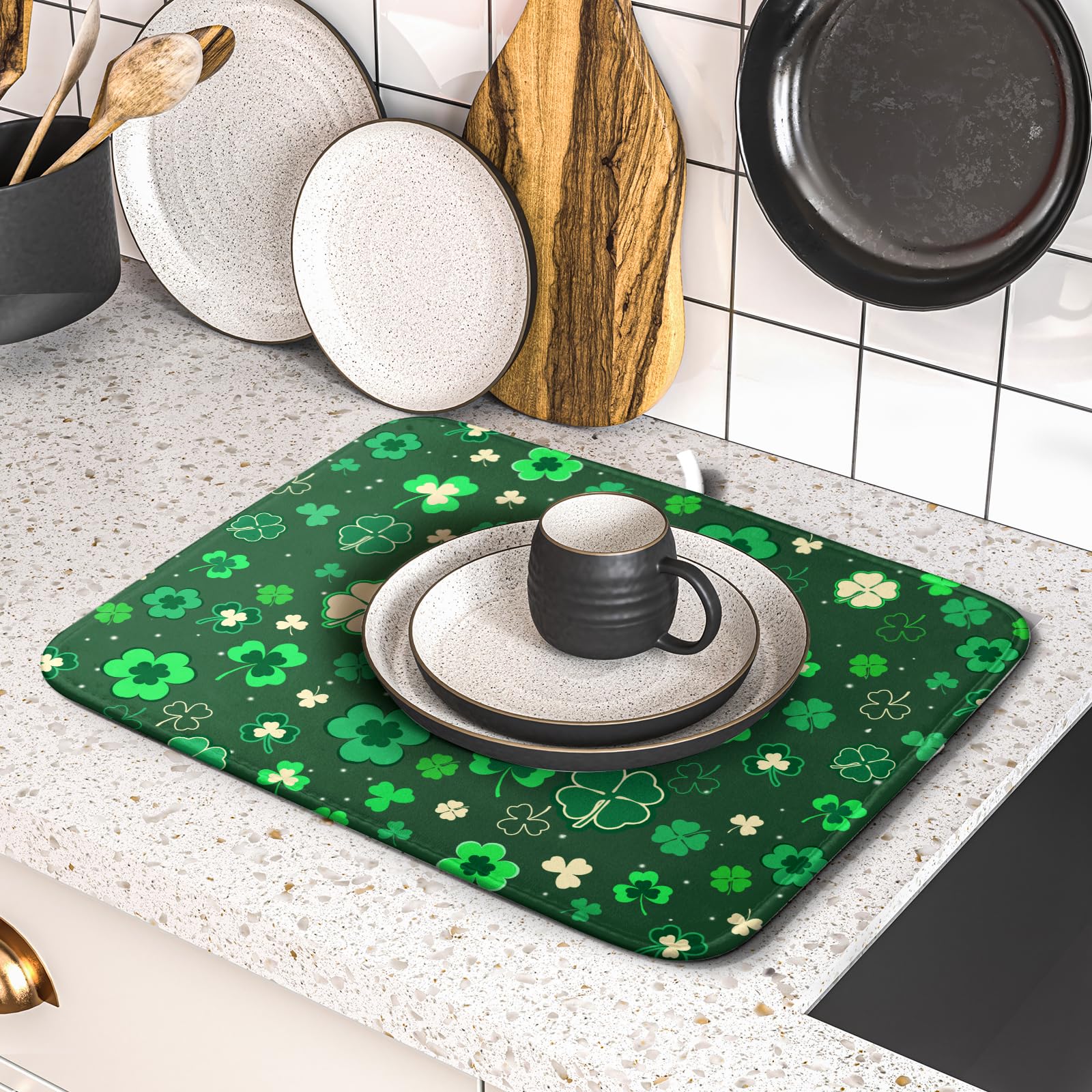 Happy St. Patrick's Day Dish Drying Mat for Kitchen Green Lucky Shamrock Clover Dish Drying Mat for Dishes Spring Irish Drying Mats 18x16 Inch Absorbent Reversible Dish Pad for Countertop Coffee Bar