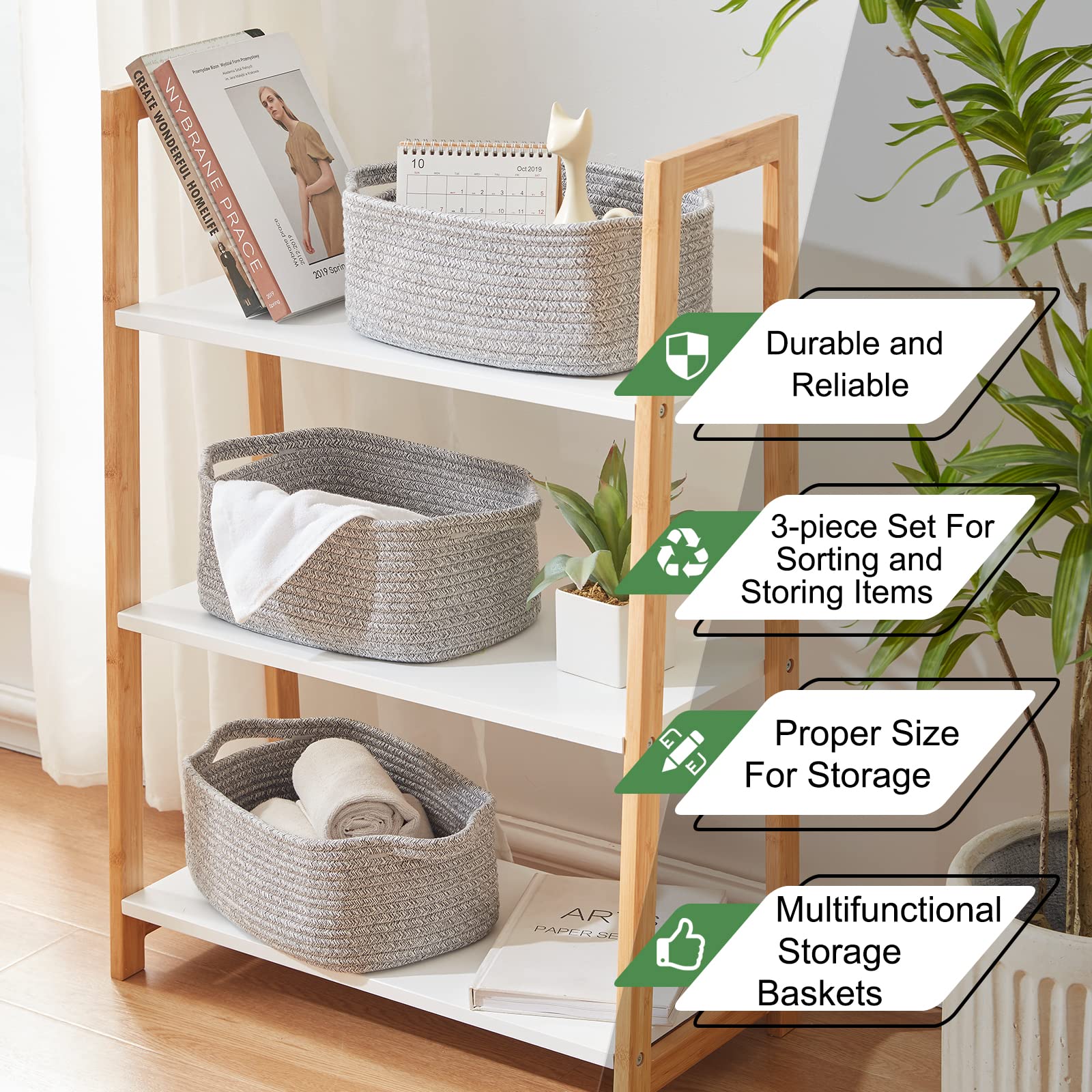 3 Pack Storage Baskets for Shelves Cotton Rope Storage Bins Grey (3 Count)