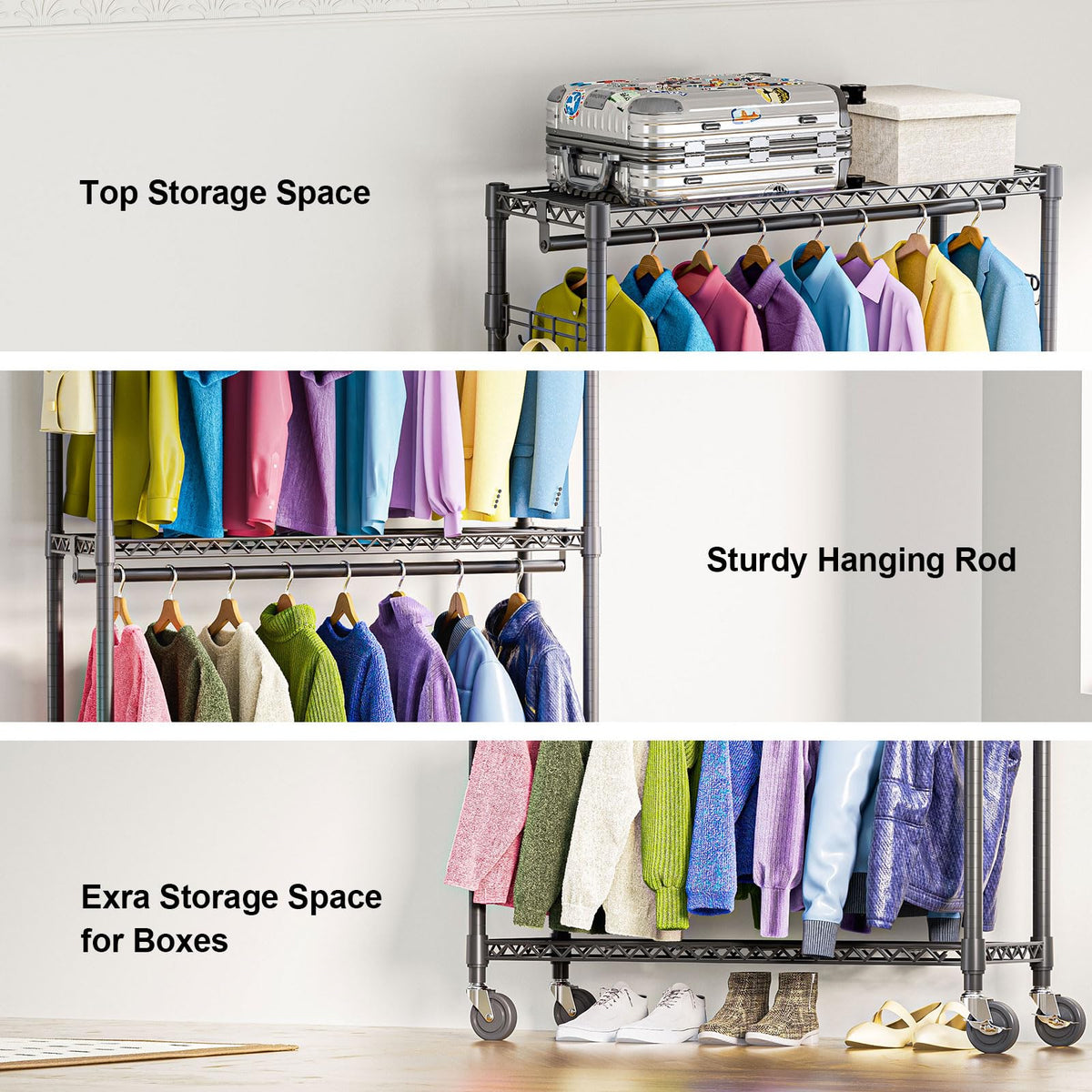 Heavy Duty Rolling Garment Rack 3 Tiers Adjustable Wire Shelving Clothes Rack with 2 Rods and Side Hooks