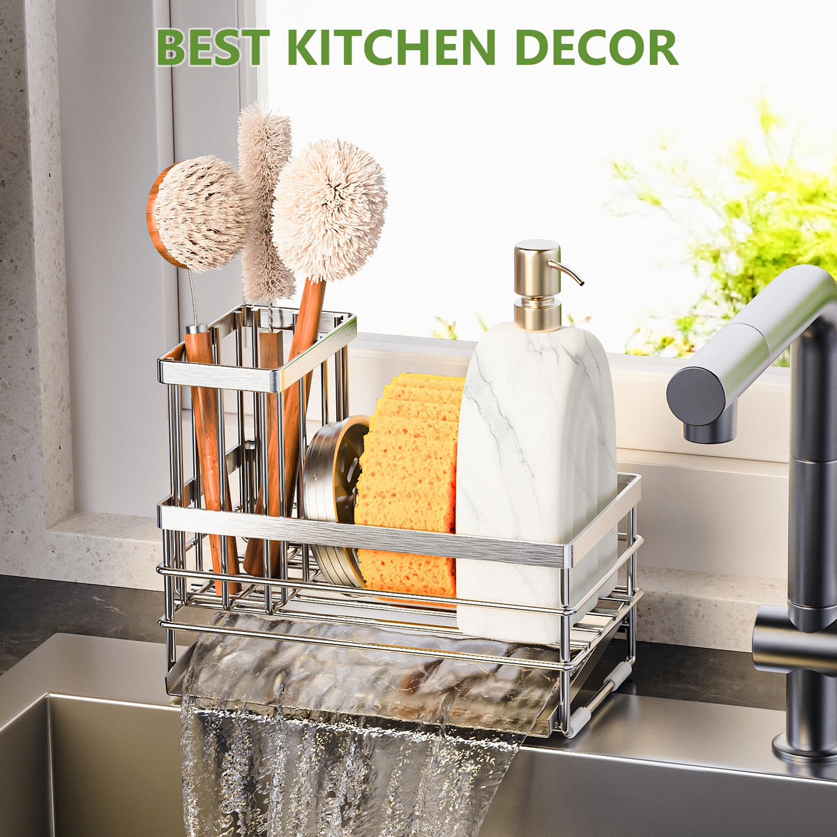Sink Caddy Sponge Holder for Kitchen with Brush Holder and Stainless Steel Self Drain Tray