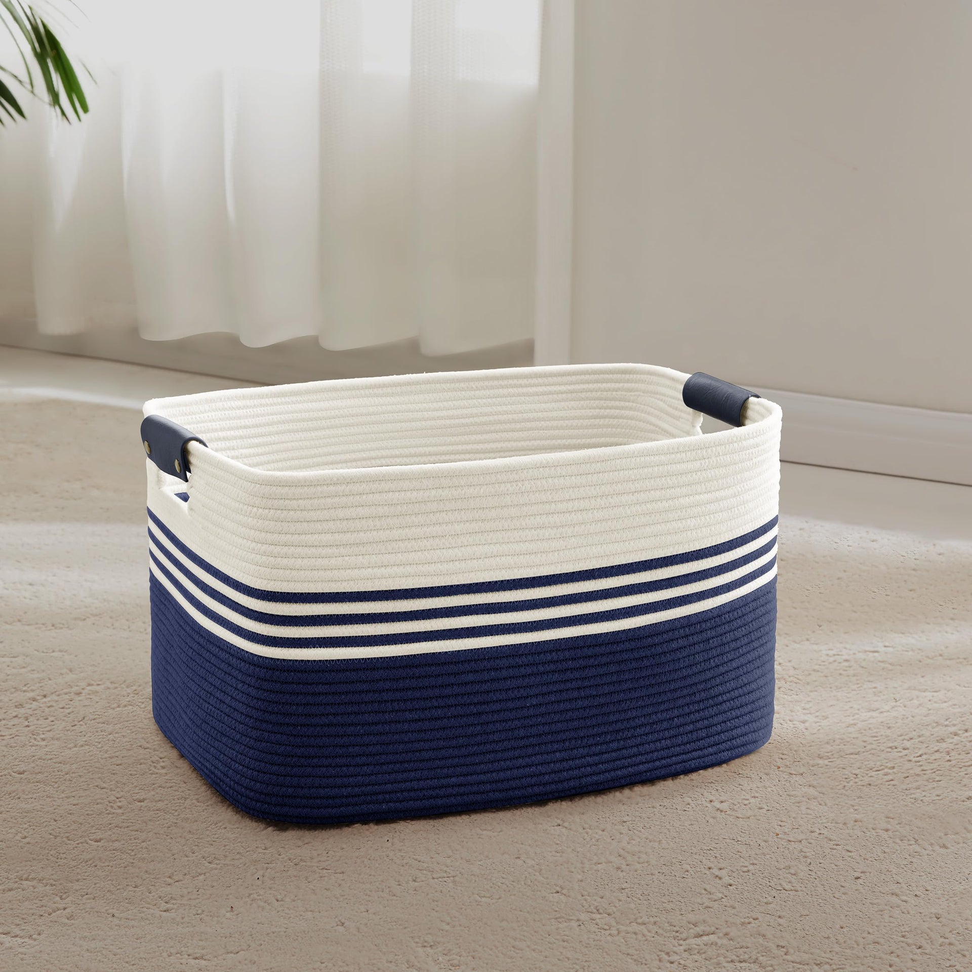 45L Small Woven Laundry Basket Hamper with Leather Handles