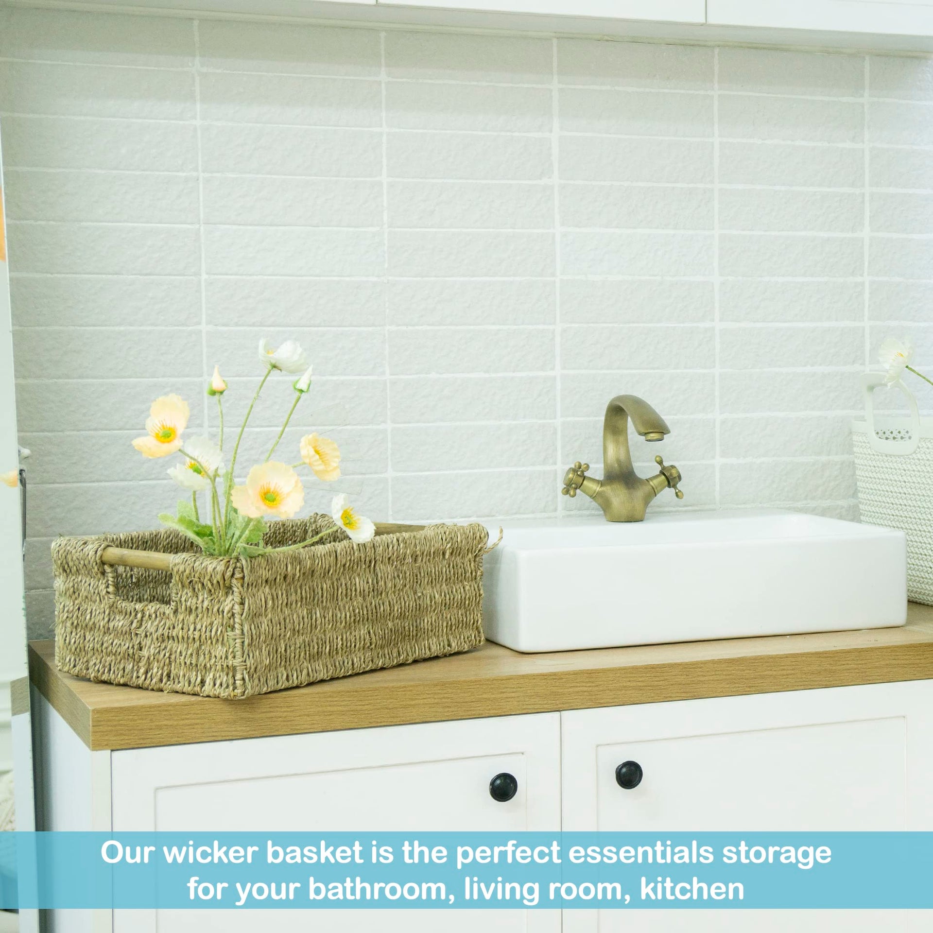 Large Natural Wicker Basket Rectangular with Wooden Handles