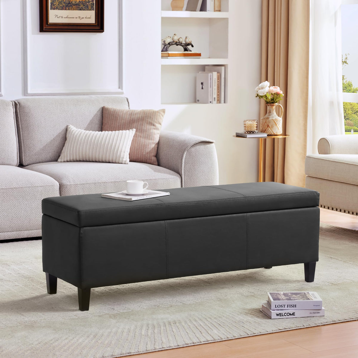 Faux Leather Storage Ottoman Bench 50.3 Inch Extra Long PU Upholstered Bedroom Bench with Large Storage Space for the Living Room