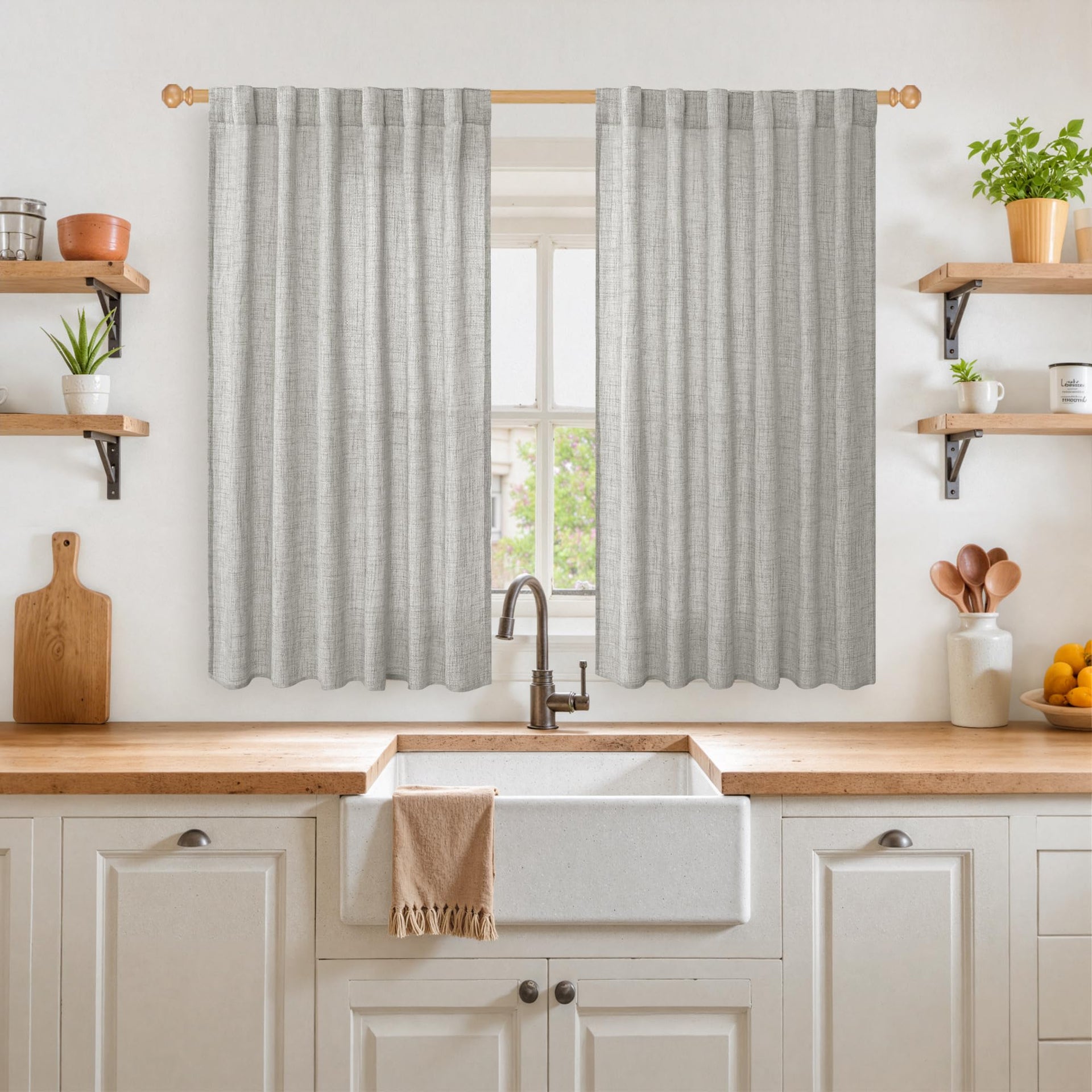 Dark Grey Linen Curtains 45 Inch Length for Short Window (2 Count)