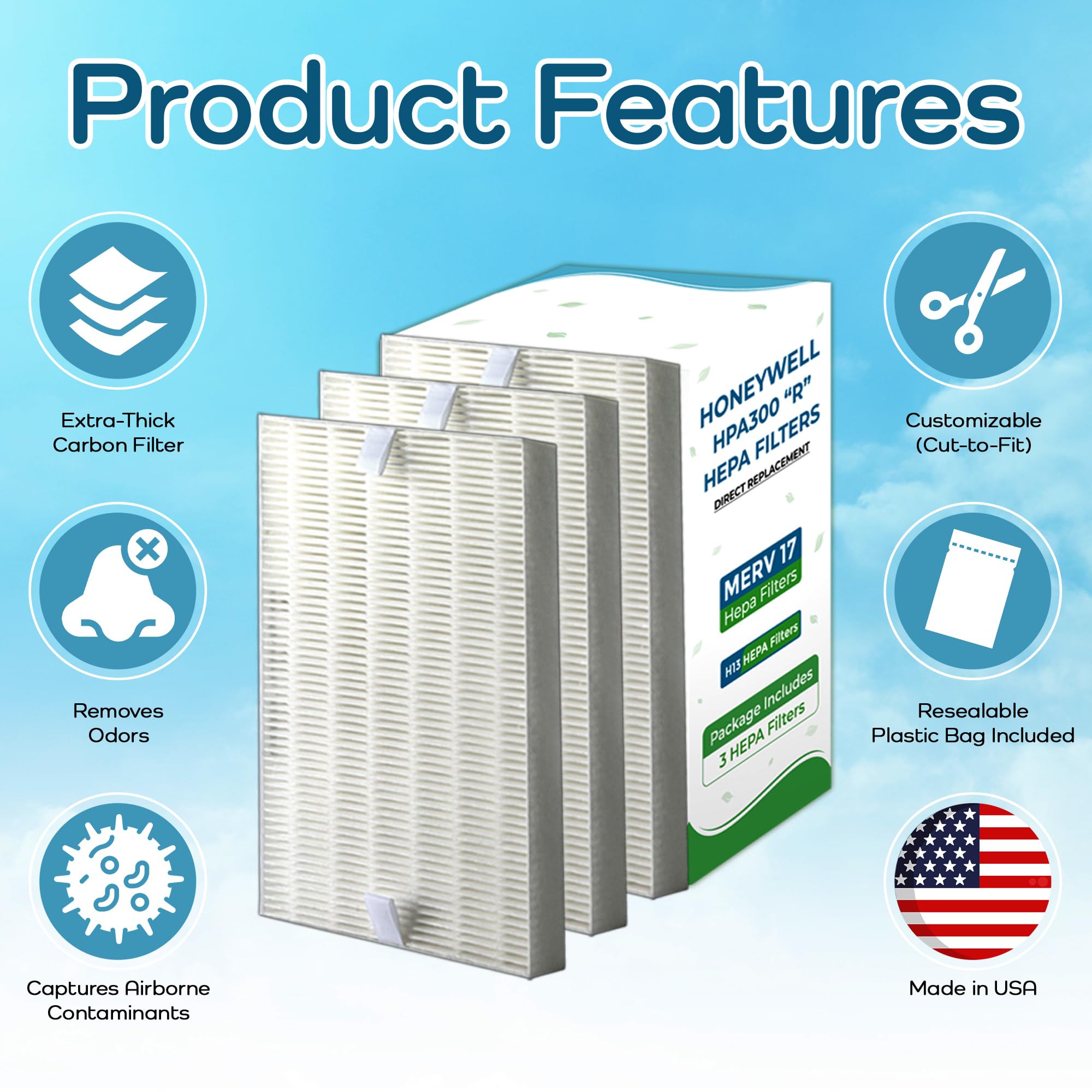 R" Replacement Air Filters Compatible with Honeywell Air Purifier HPA300 (3 Count)