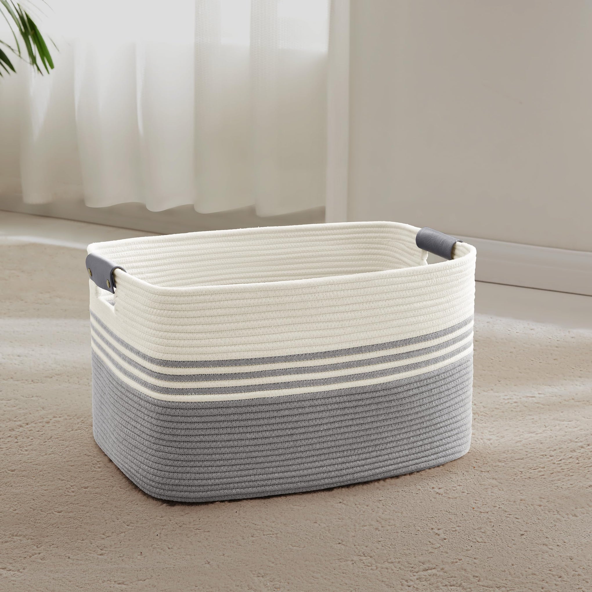 45L Small Woven Laundry Basket Hamper with Leather Handles - ModHome Supplies