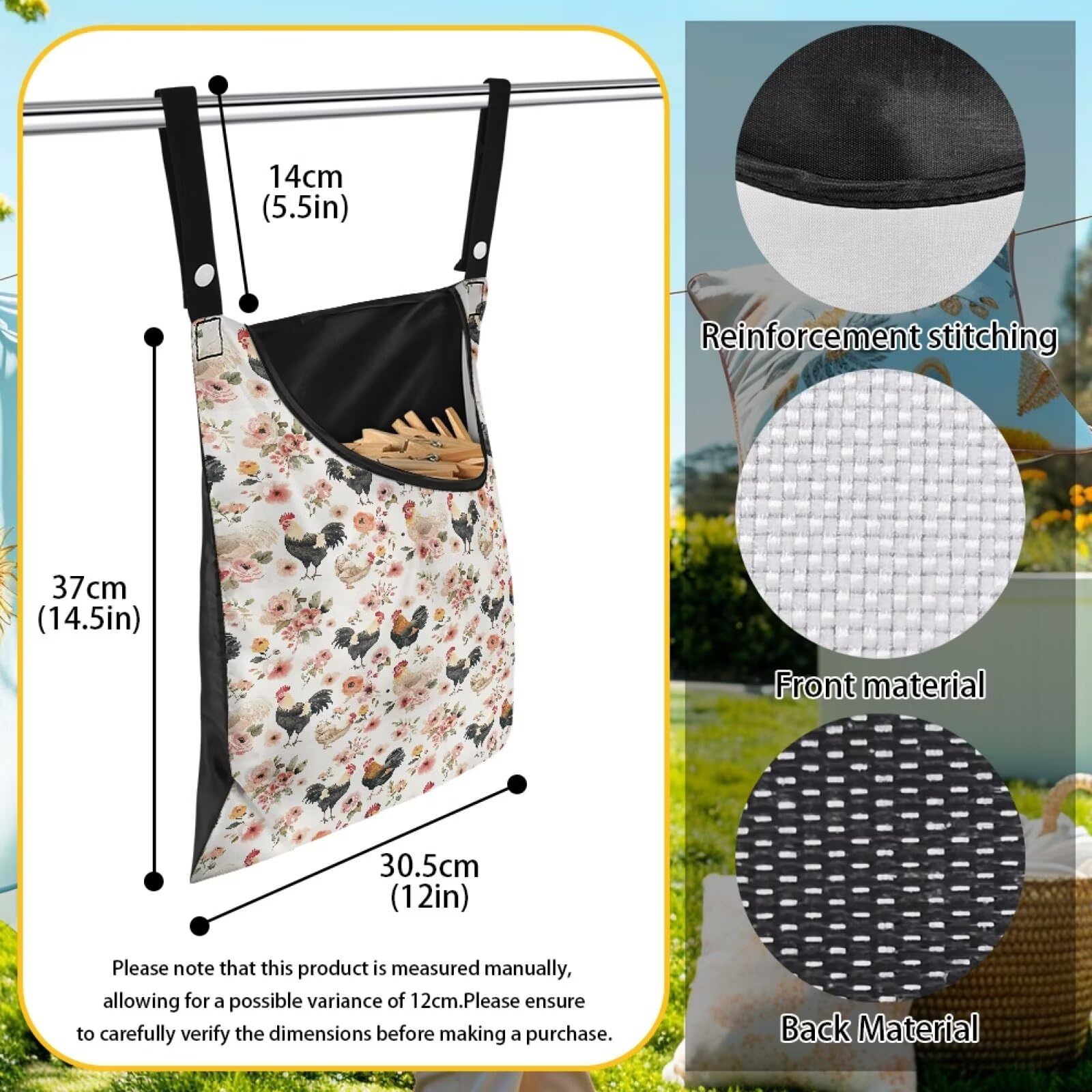 Chicken Clothespin Bag Flower Clothespin Storage with Hanger Hook Canvas Clothespins Bag with Large Opening Space