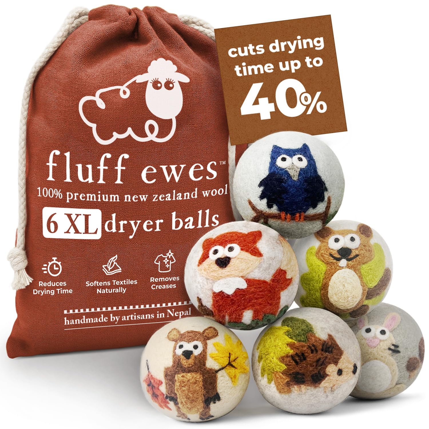 Fluff Ewes Wool Dryer Balls 6 Pack (6 Count)