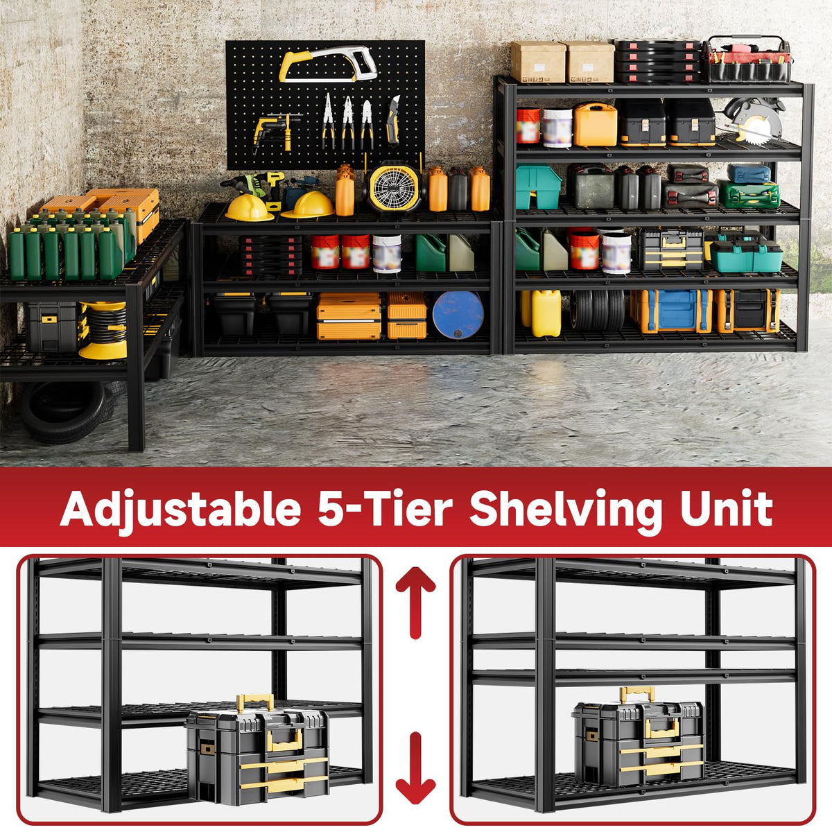5 Tier 60”W x 24”D x 78”H Garage Shelving Adjustable Metal Storage Shelves 3000LBS Garage Shelving Heavy Duty Utility Shelf Unit Storage Racks for Warehouse (5 Count)