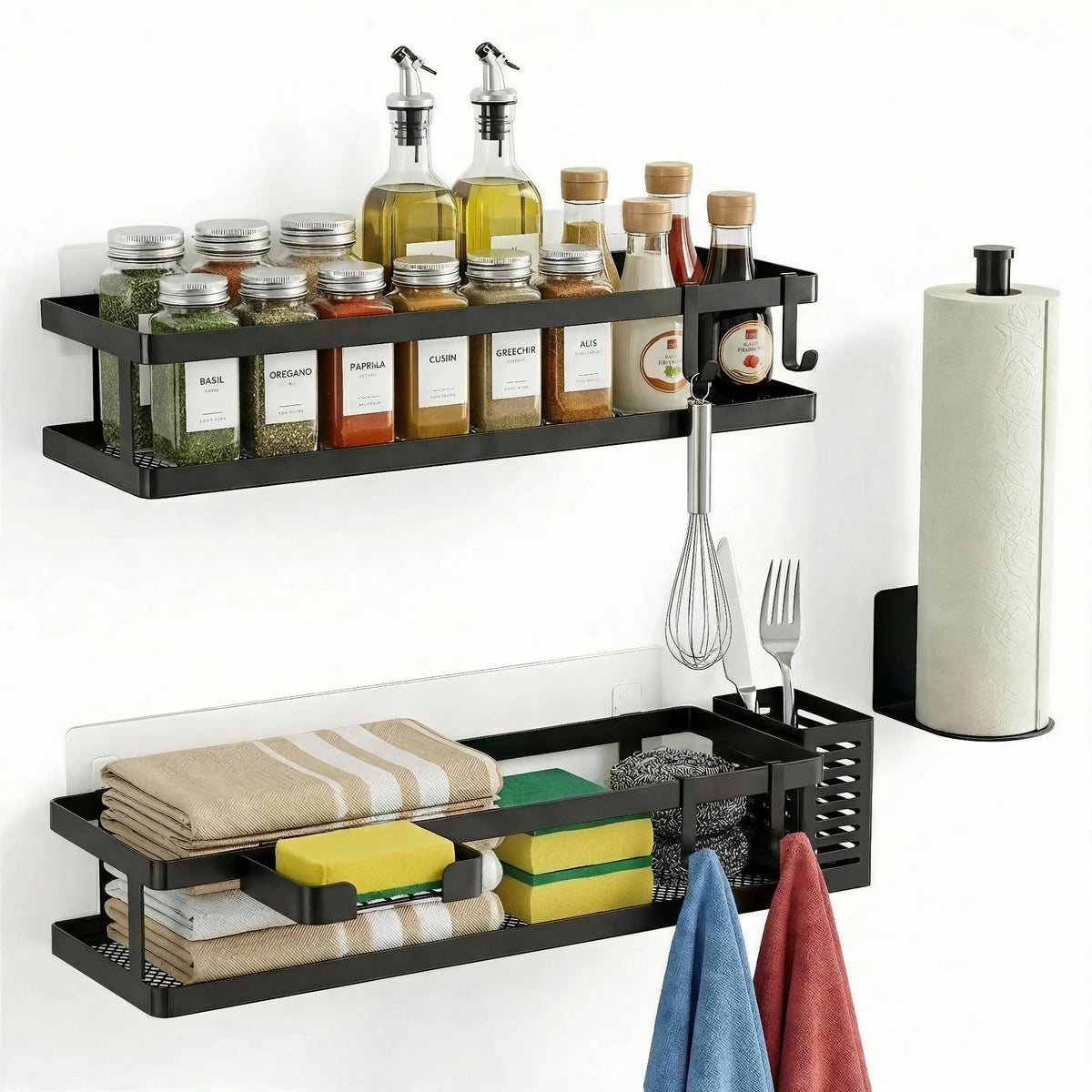 5-in-1 16.5" Extra Long Kitchen Organizer & Shower Caddy Set, Wall Mount Spice Rack with Paper Towel Holder, Utensil Holder & Soap Dish, Rustproof Mesh - Matte Black, Guardrail