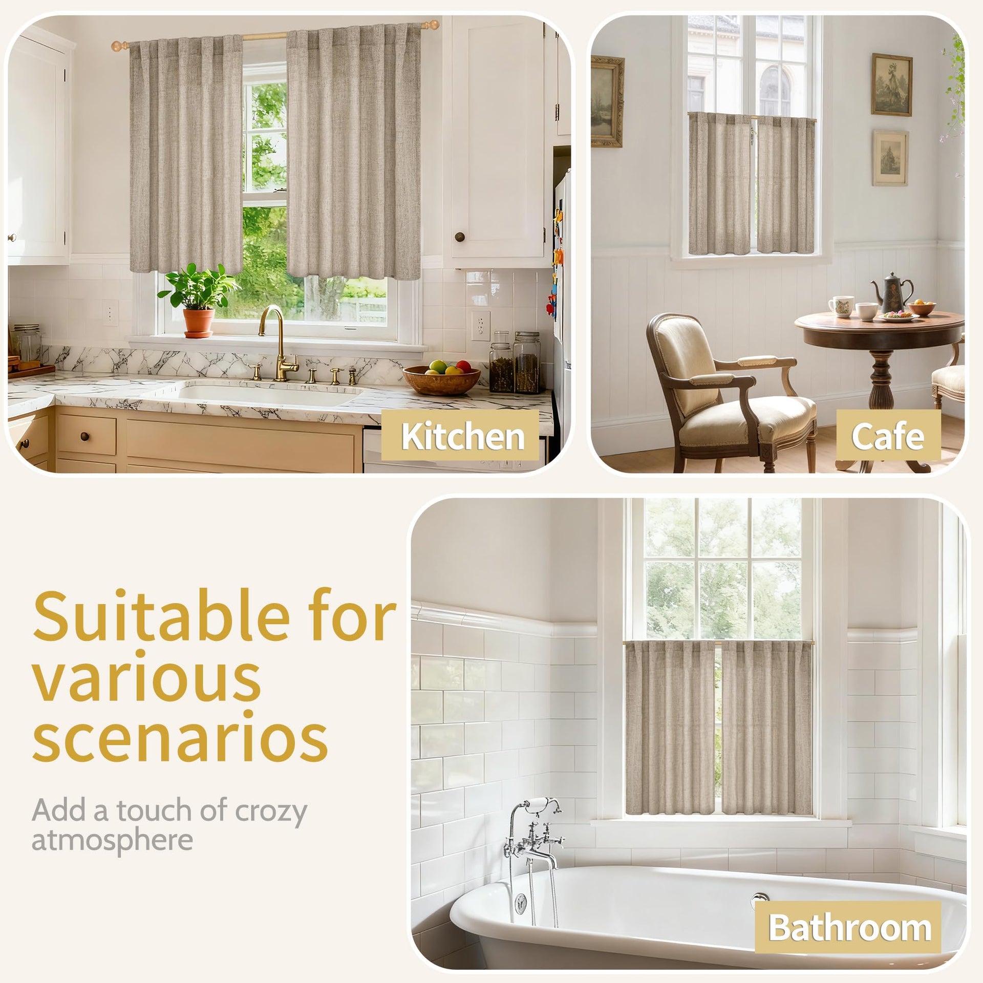 Dark Oatmeal Linen Curtains 40 Inch Length for Kitchen Window (2 Count)