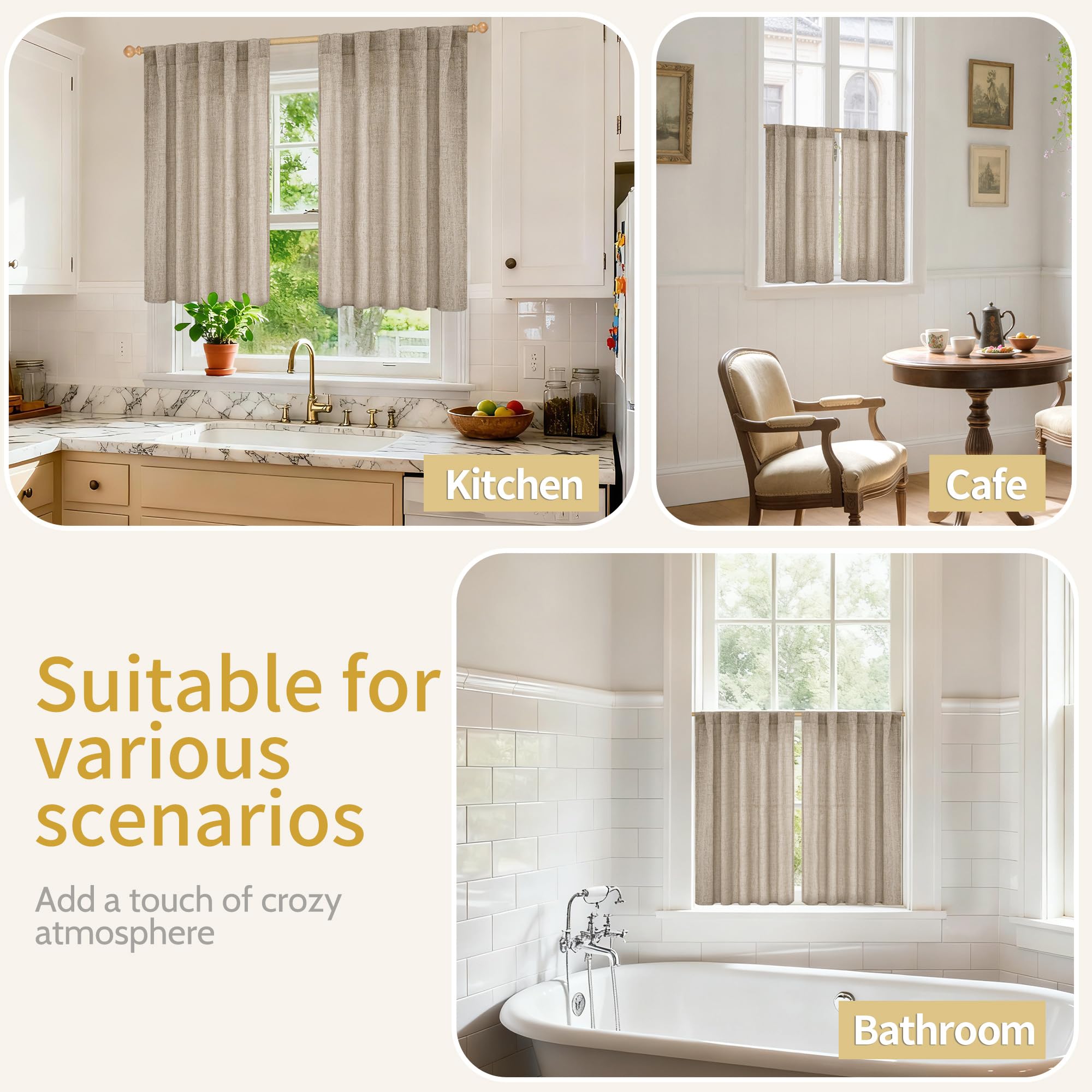 Dark Oatmeal Linen Curtains 40 Inch Length for Kitchen Window (2 Count)