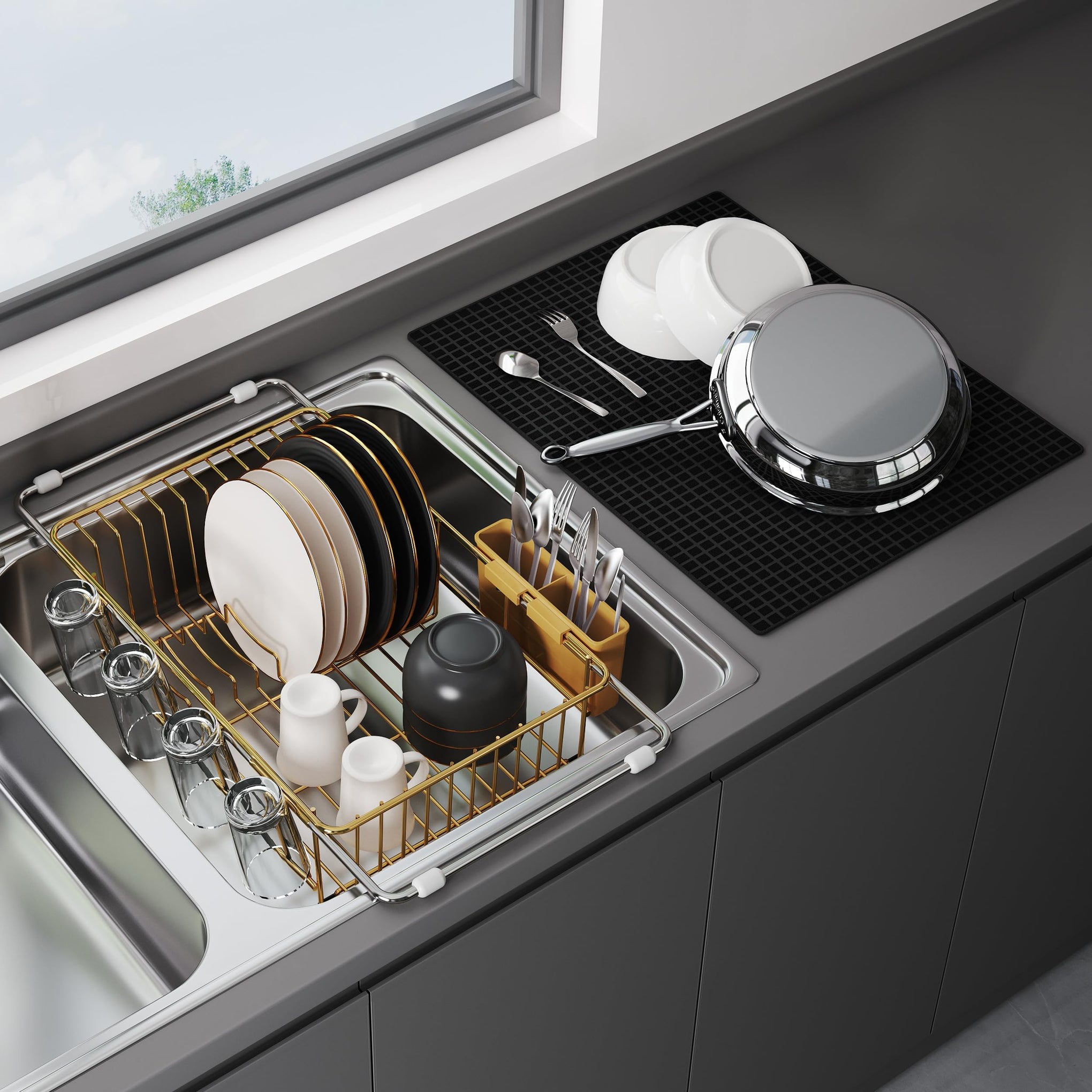 Gold Dish Drying Rack in Sink with Mat