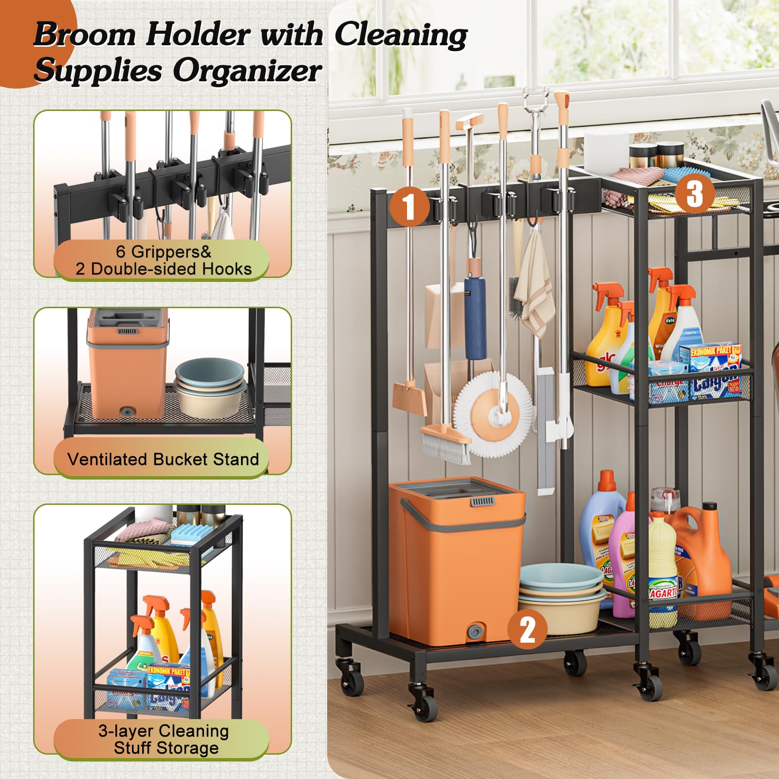 Broom Holder with Cleaning Supplies Organizer