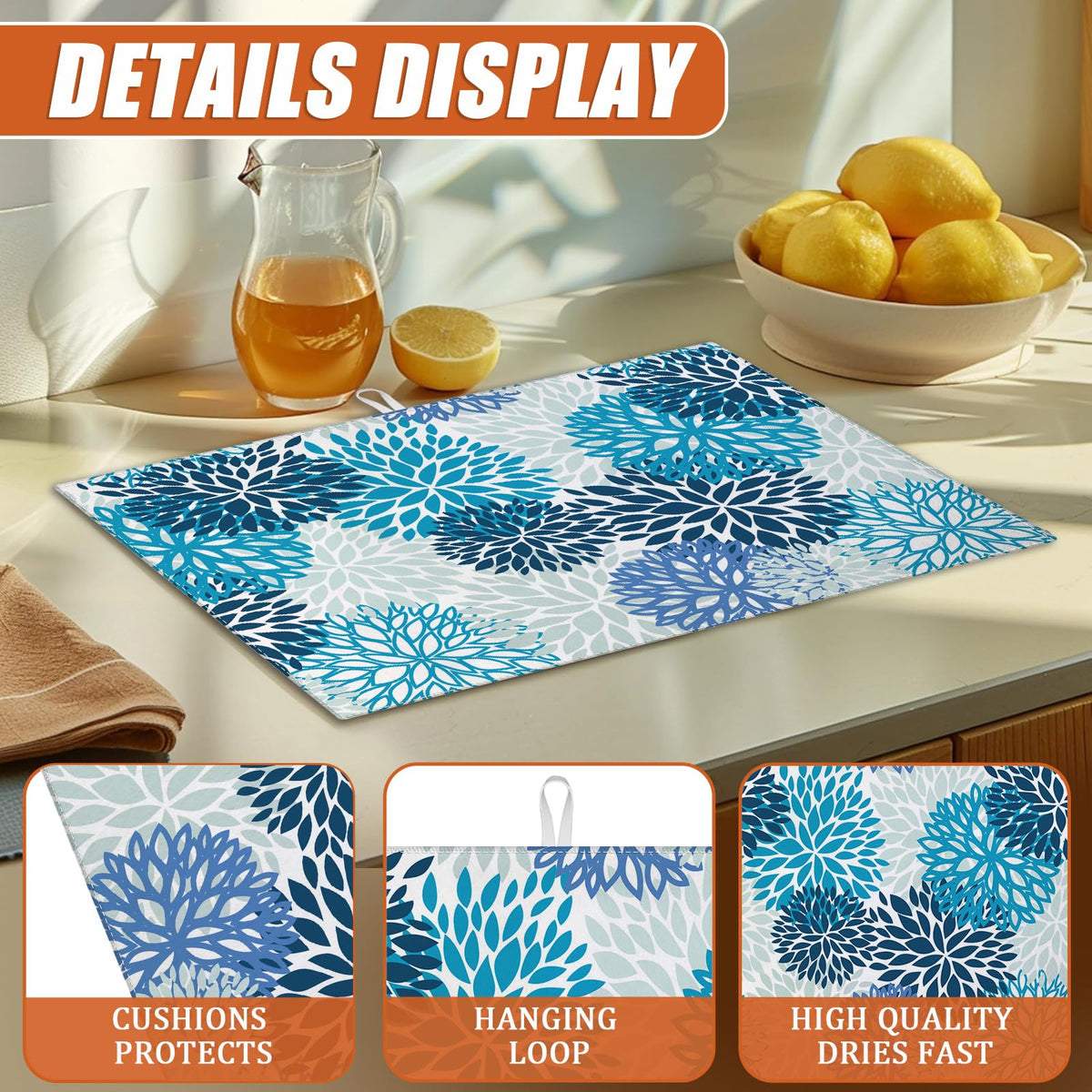 Blue Floral Dish Drying Mat for Kitchen Counter Microfiber Absorbent Dish Kitchen Drying Mat Draining Reusable Washable for Dishes