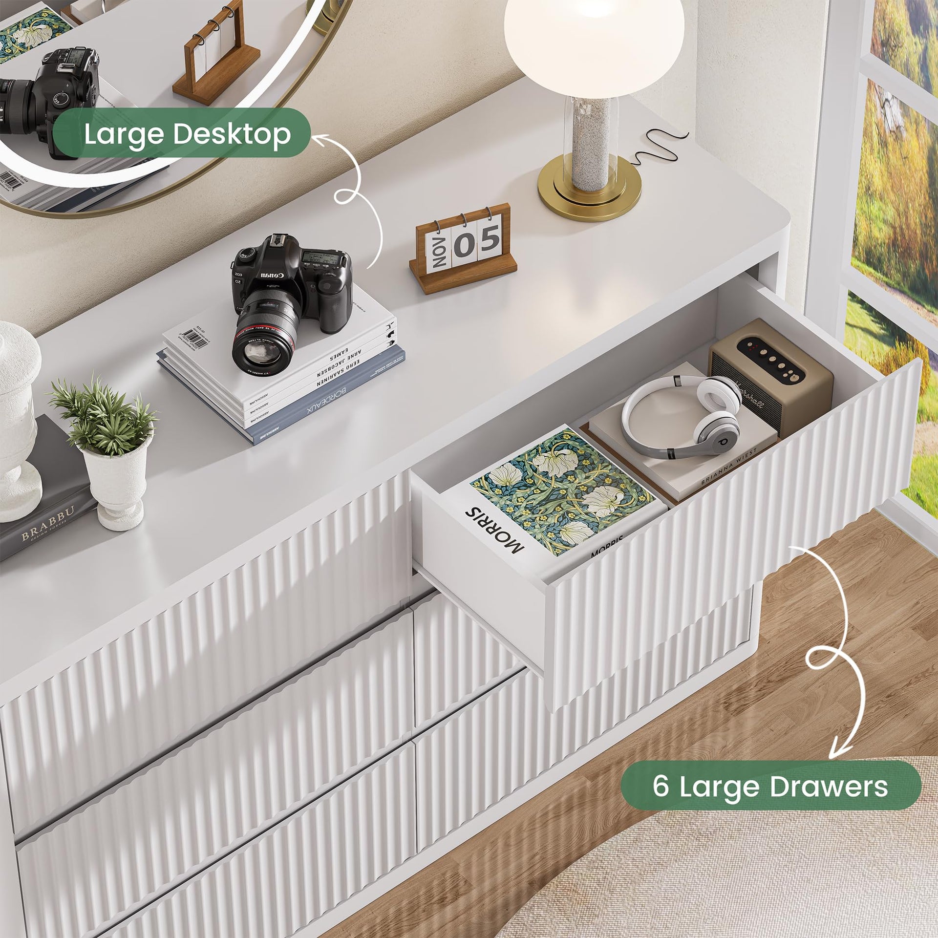 White Fluted Dresser for Bedroom with 6 Drawers