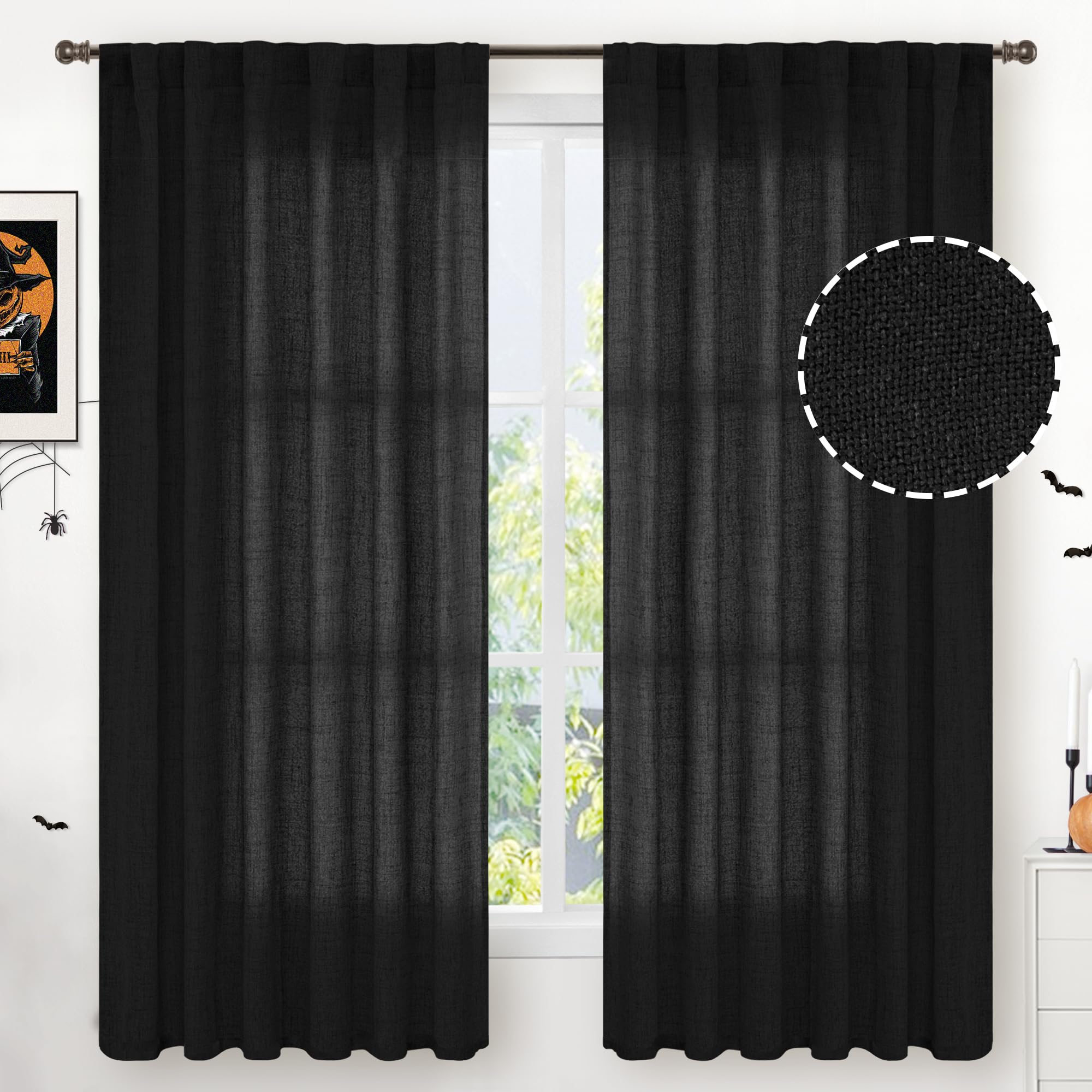 Black Linen Semi Sheer Curtains 52 X 63 Inch Length 2 Panels (2 Count)