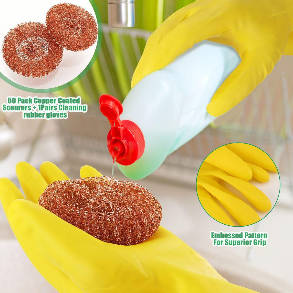 50 Pack Copper Coated Scourers Rust Resistant Scrubbing Scouring Pad with 1 Pair of Rubber Household Cleaning Gloves Heavy Duty Copper Mesh Scourer for Dishes
