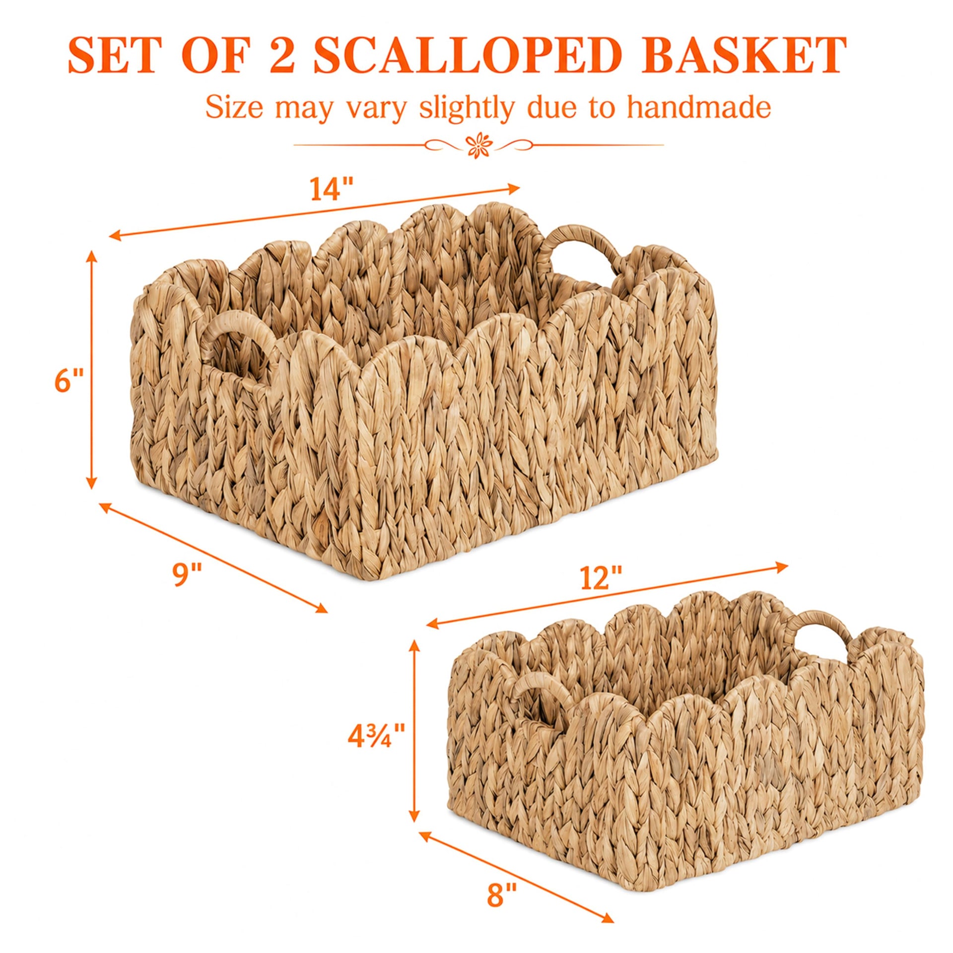 Set of 2 Scalloped Edge Wicker Storage Basket with Built (2 Count)
