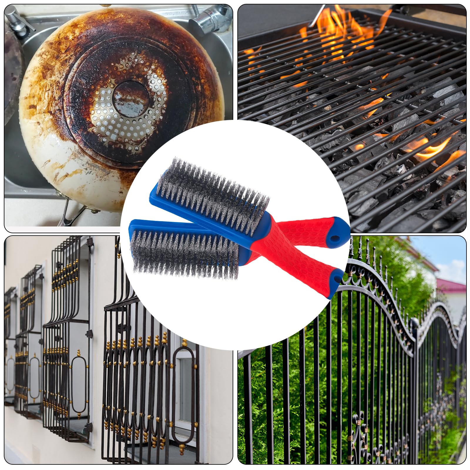 Wire Brushes 2 Pcs Steel Brushes Heavy Duty Carbon Steel and Stainless Steel Wire Scratch Brush with Rubber Ergonomic Handle (2 Count)
