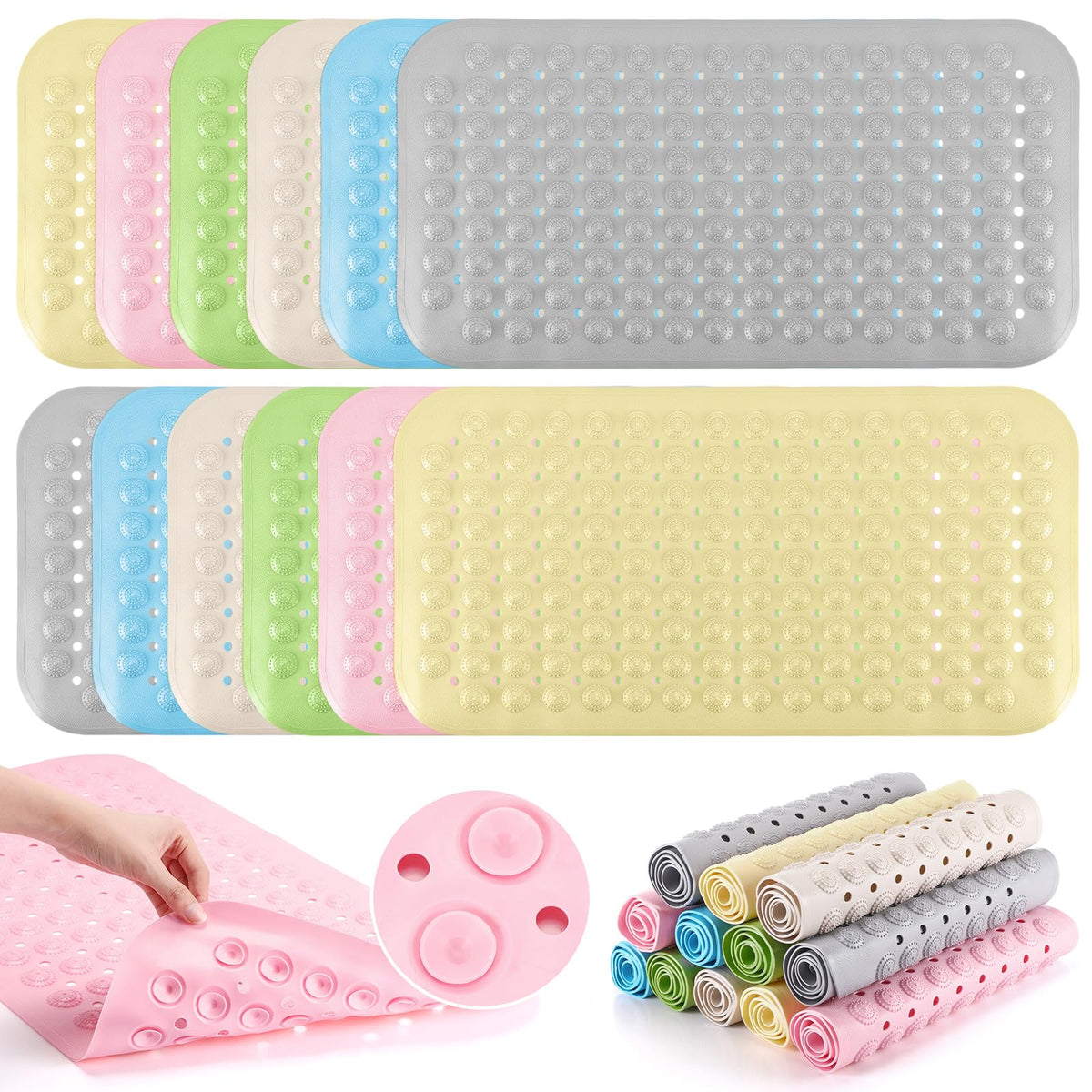 12 Pcs Non Slip Bath Mats 27.6x14.2 Inches TPE Bathtub Mats with Suction Cups Drain Holes Textured Surface Anti Slip Shower Pad for Bathroom Tub Adults Elderly Home Hotel (12 Count)