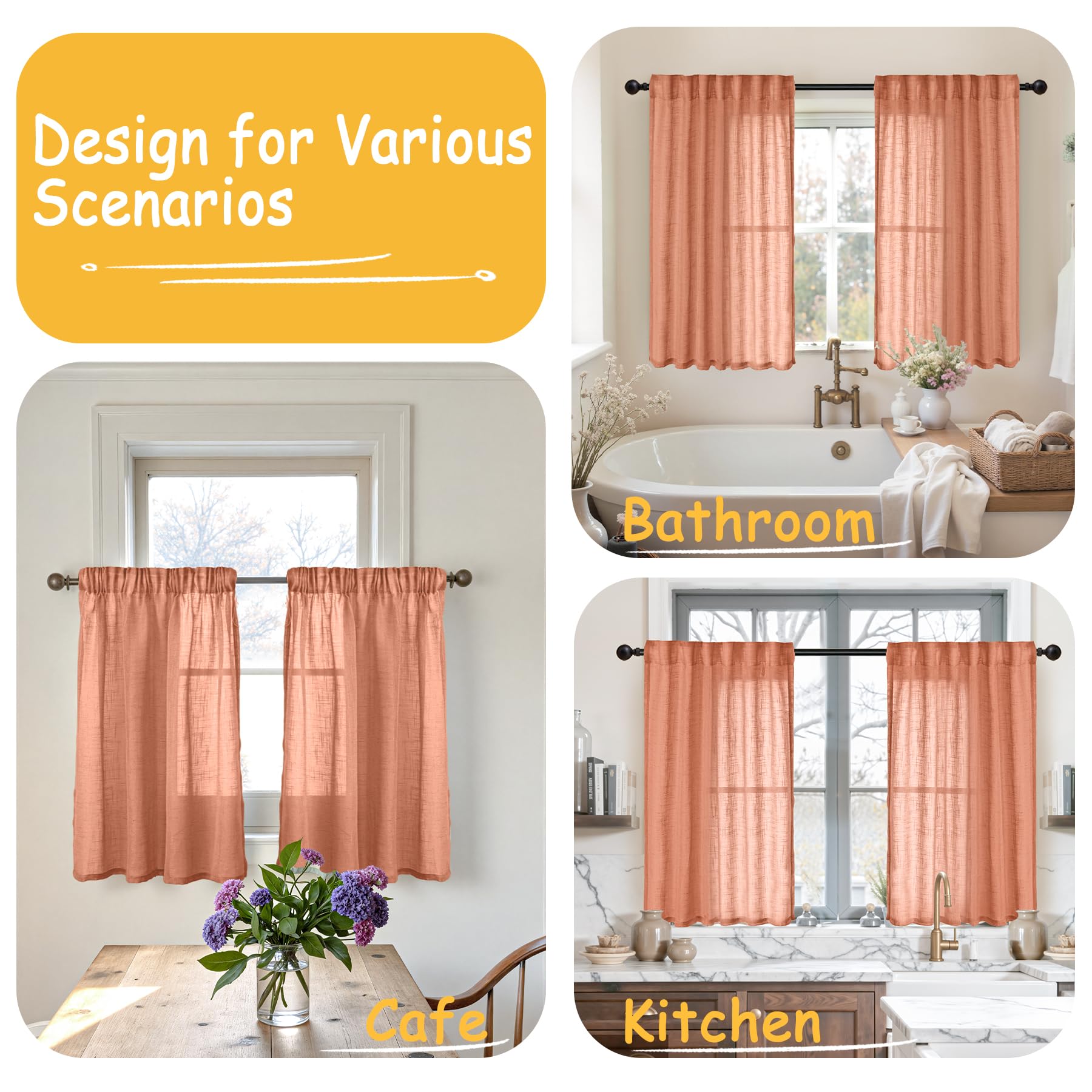Burnt Orange Linen Semi Sheer Curtains 34 X 40 Inch Long for Kitchen Window (2 Count)