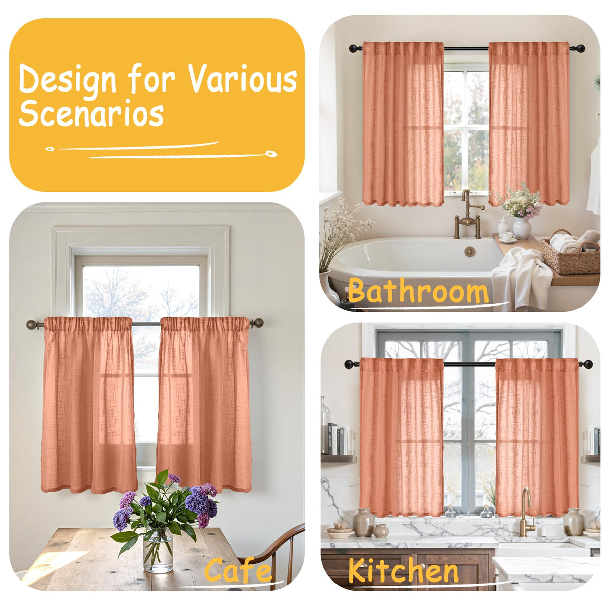 Burnt Orange Linen Semi Sheer Curtains 34 X 40 Inch Long for Kitchen Window (2 Count)